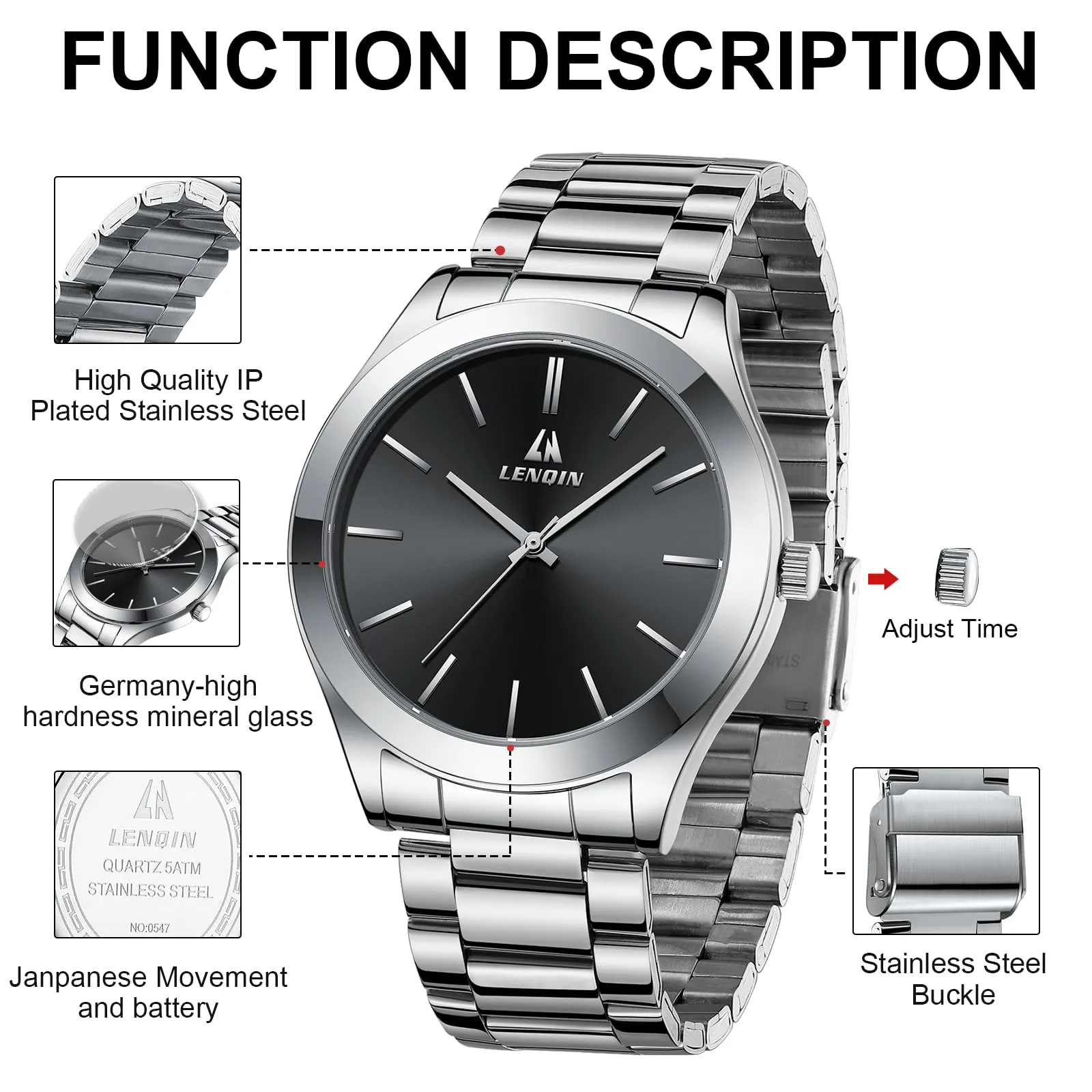 LN LENQIN Orologio Uomo Acciaio Inox Analogico Quarzo Impermeabile 0547 Silver Black - immagine 7