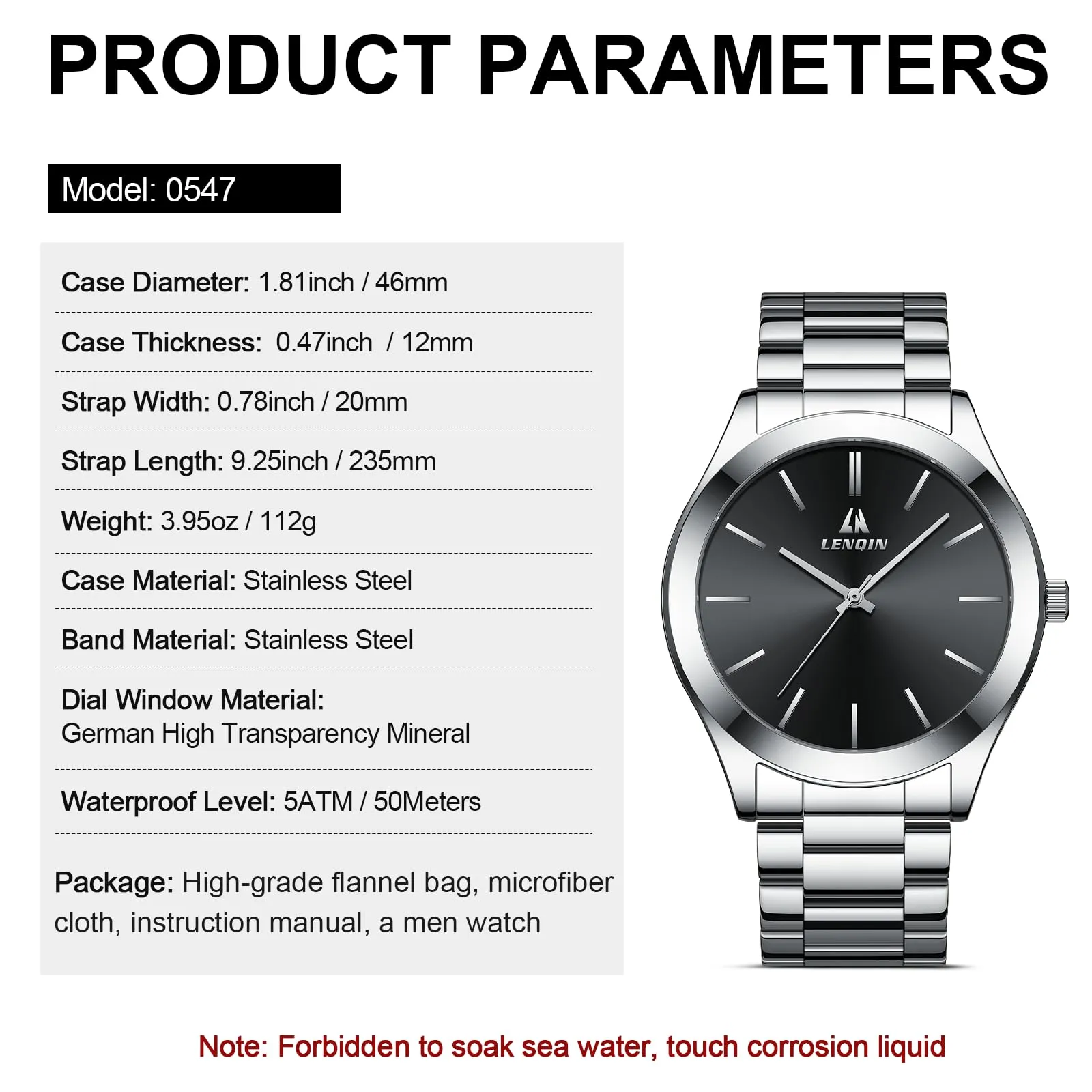 LN LENQIN Orologio Uomo Acciaio Inox Analogico Quarzo Impermeabile 0547 Silver Black - immagine 8