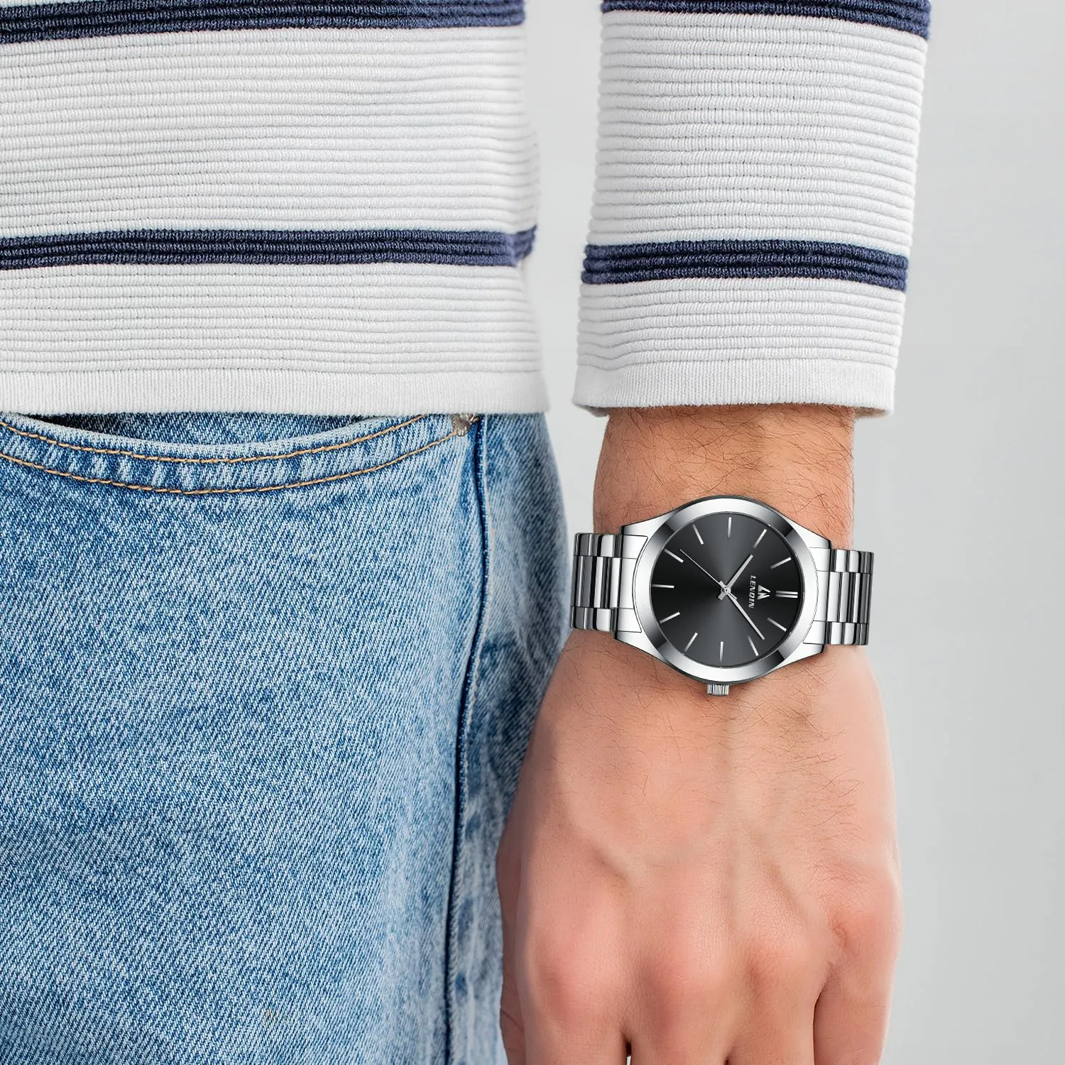 LN LENQIN Orologio Uomo Acciaio Inox Analogico Quarzo Impermeabile 0547 Silver Black - immagine 9