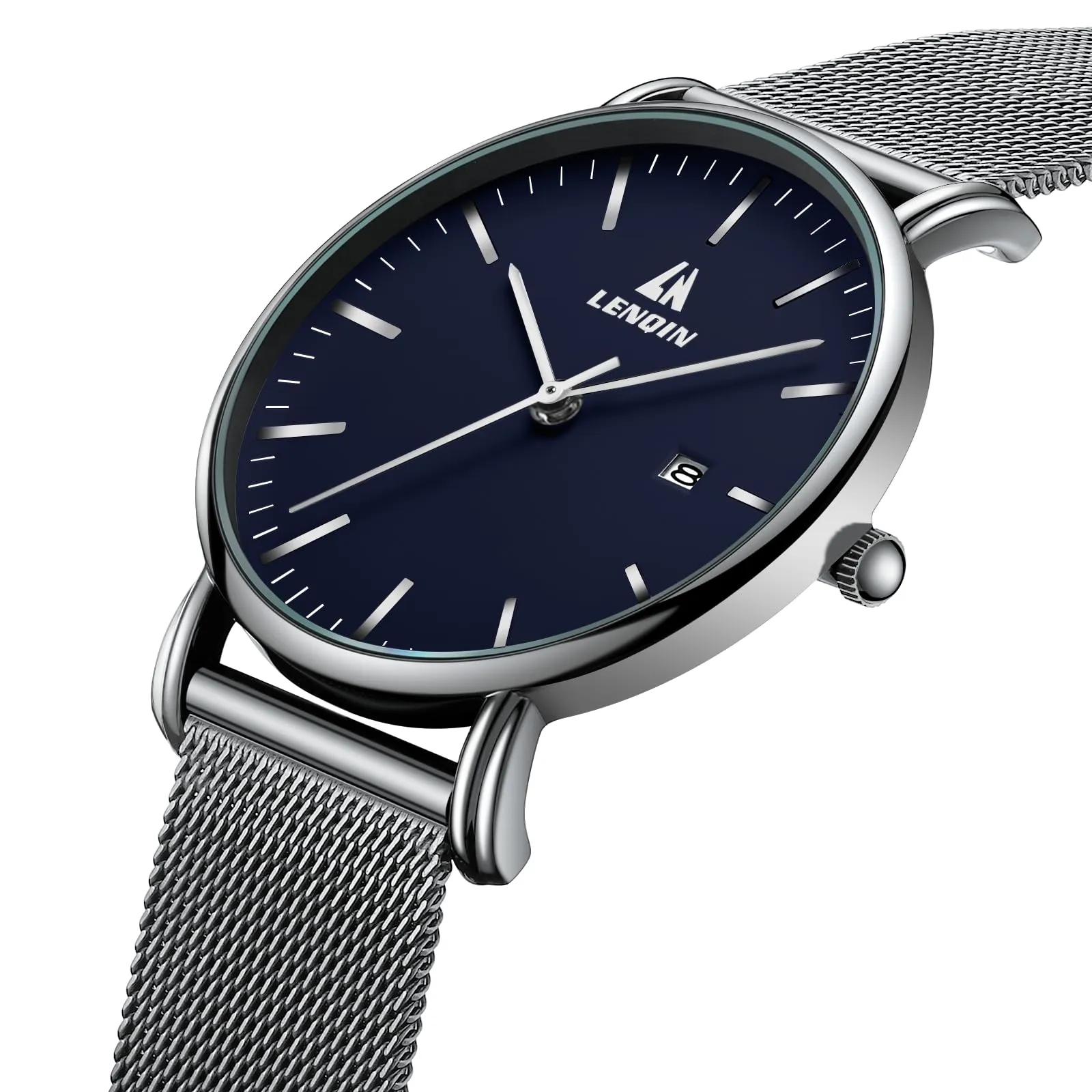 LN LENQIN Orologio Uomo Acciaio Inox Analogico Quarzo Impermeabile 0546-Silver Blue - immagine 3