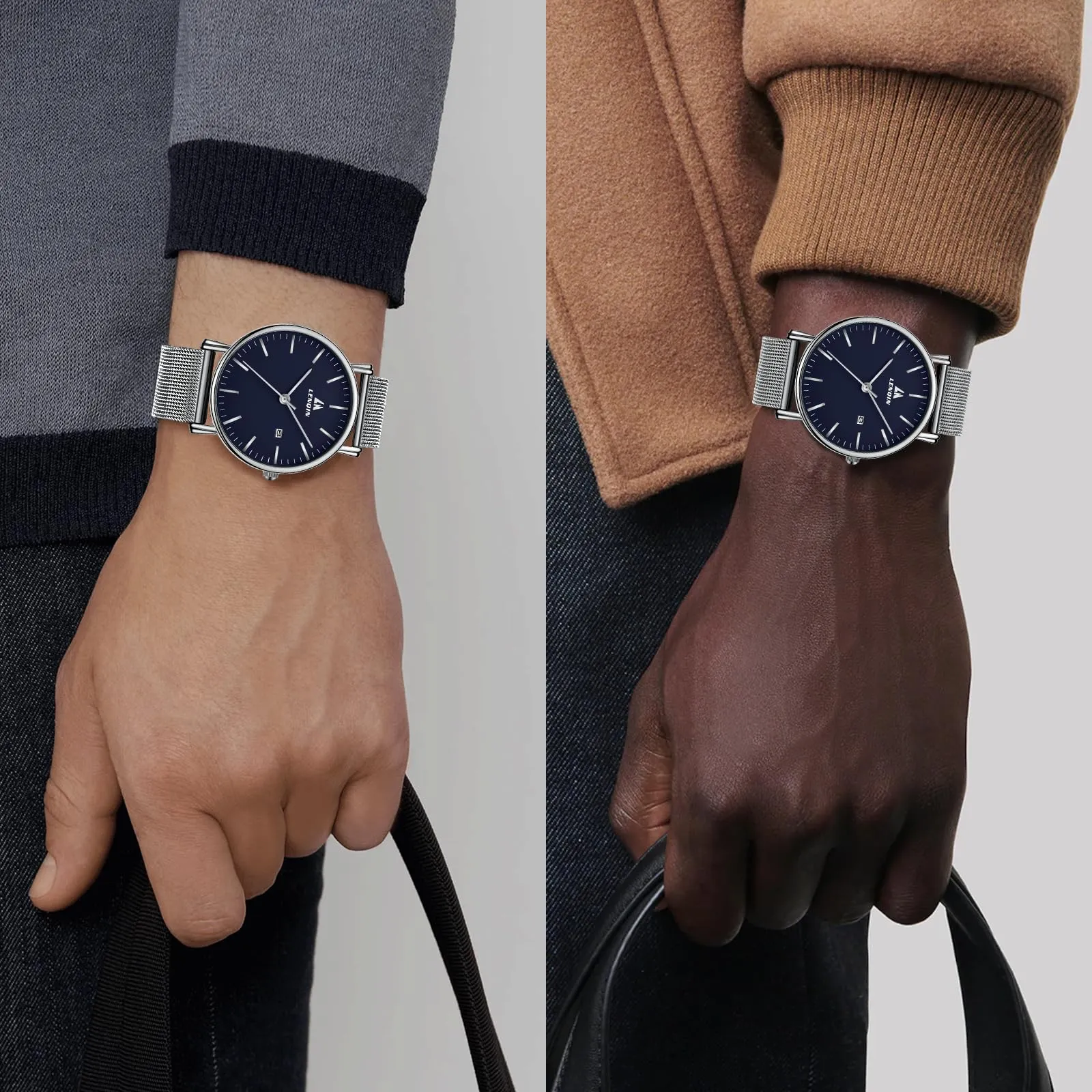 LN LENQIN Orologio Uomo Acciaio Inox Analogico Quarzo Impermeabile 0546-Silver Blue - immagine 6