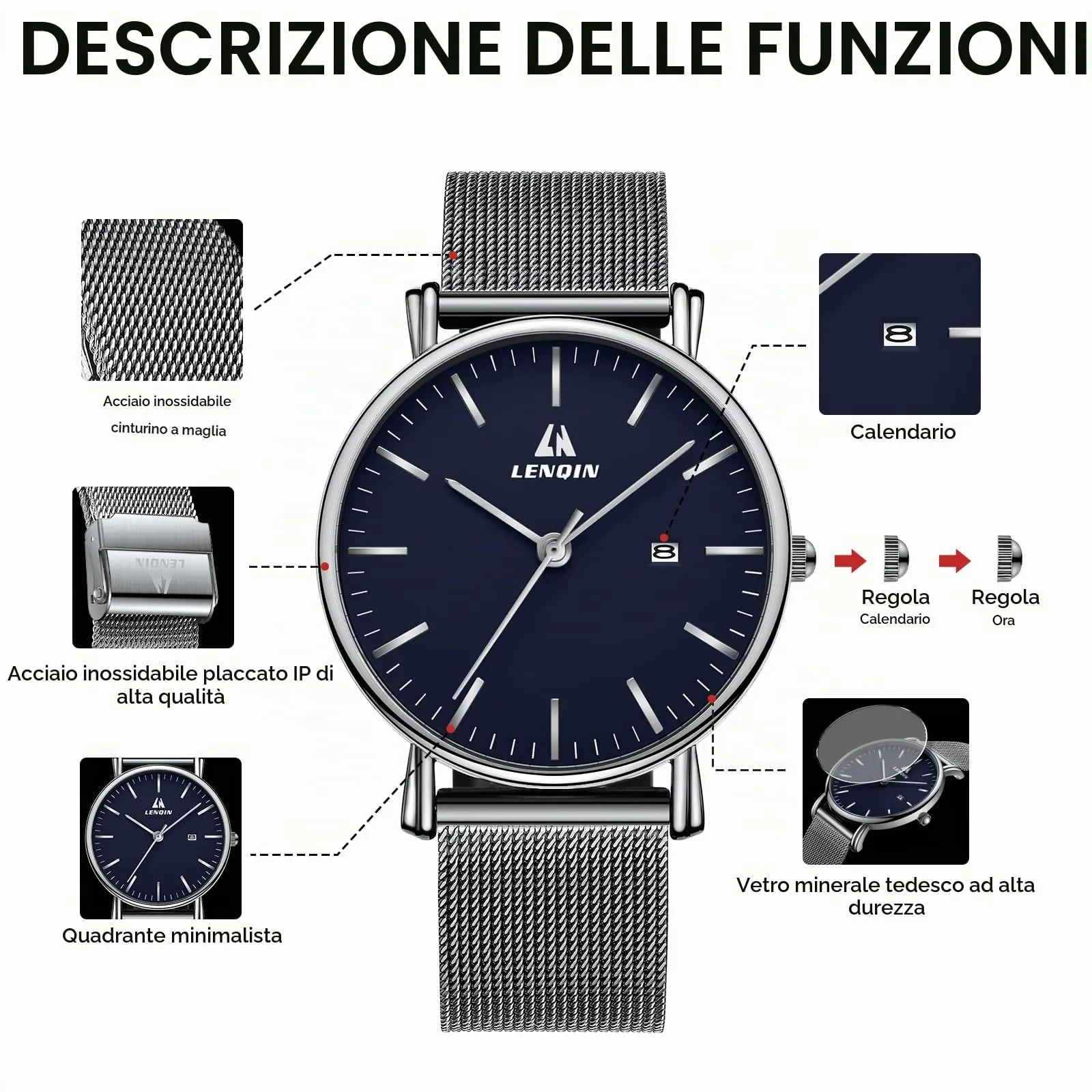 LN LENQIN Orologio Uomo Acciaio Inox Analogico Quarzo Impermeabile 0546-Silver Blue - immagine 7