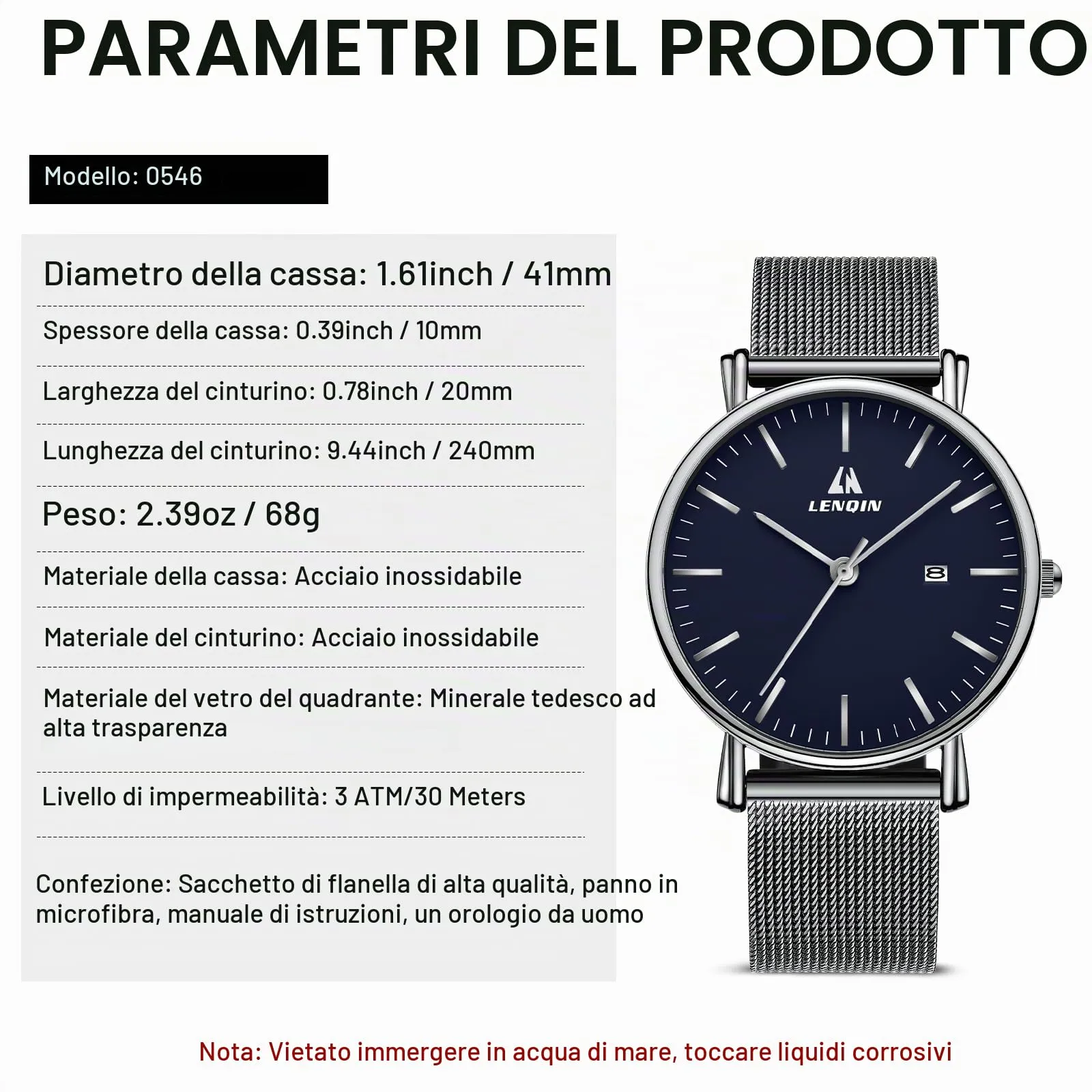 LN LENQIN Orologio Uomo Acciaio Inox Analogico Quarzo Impermeabile 0546-Silver Blue - immagine 8