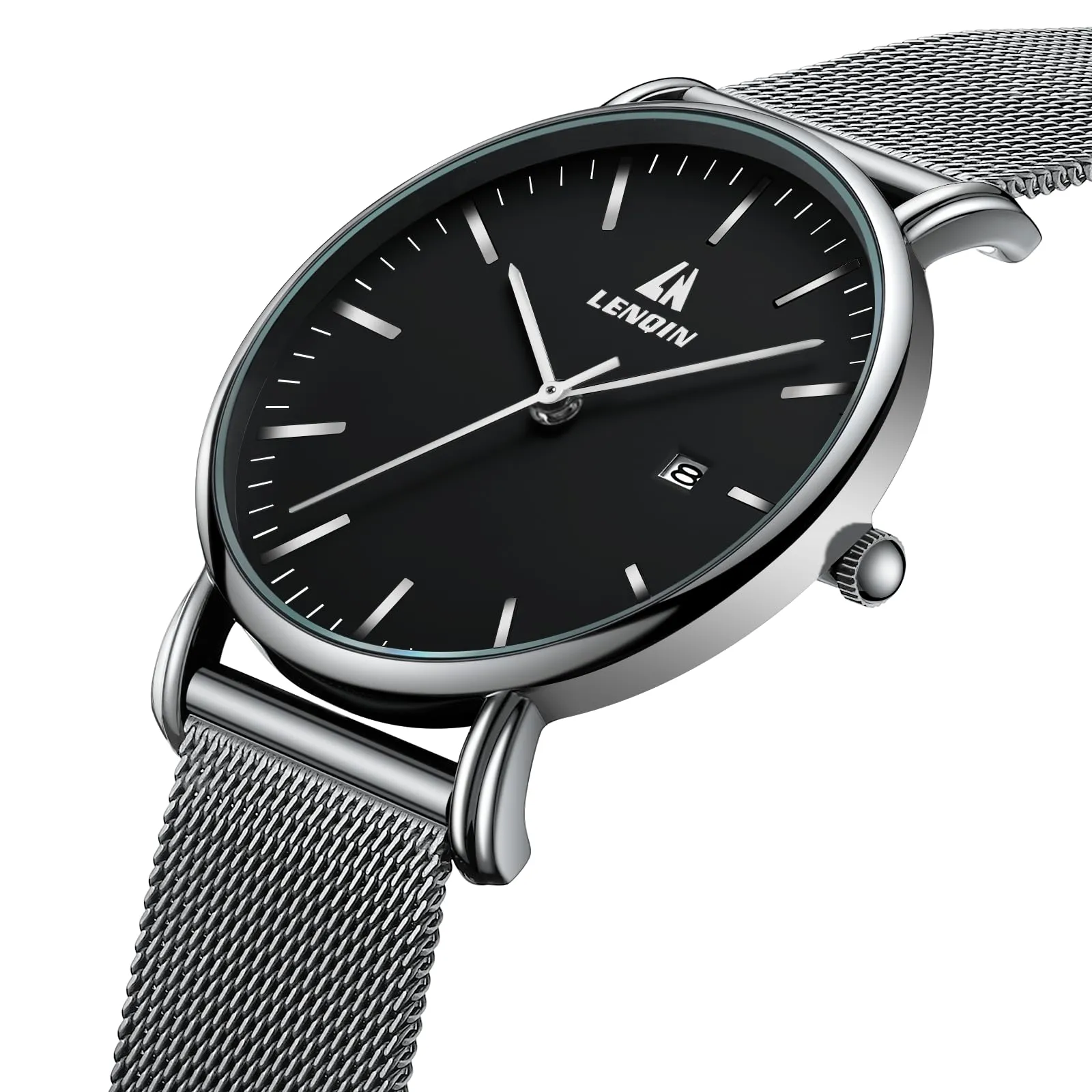 LN LENQIN Orologio Uomo Acciaio Inox Analogico Quarzo Impermeabile Business 0546 Silver Black - immagine 3