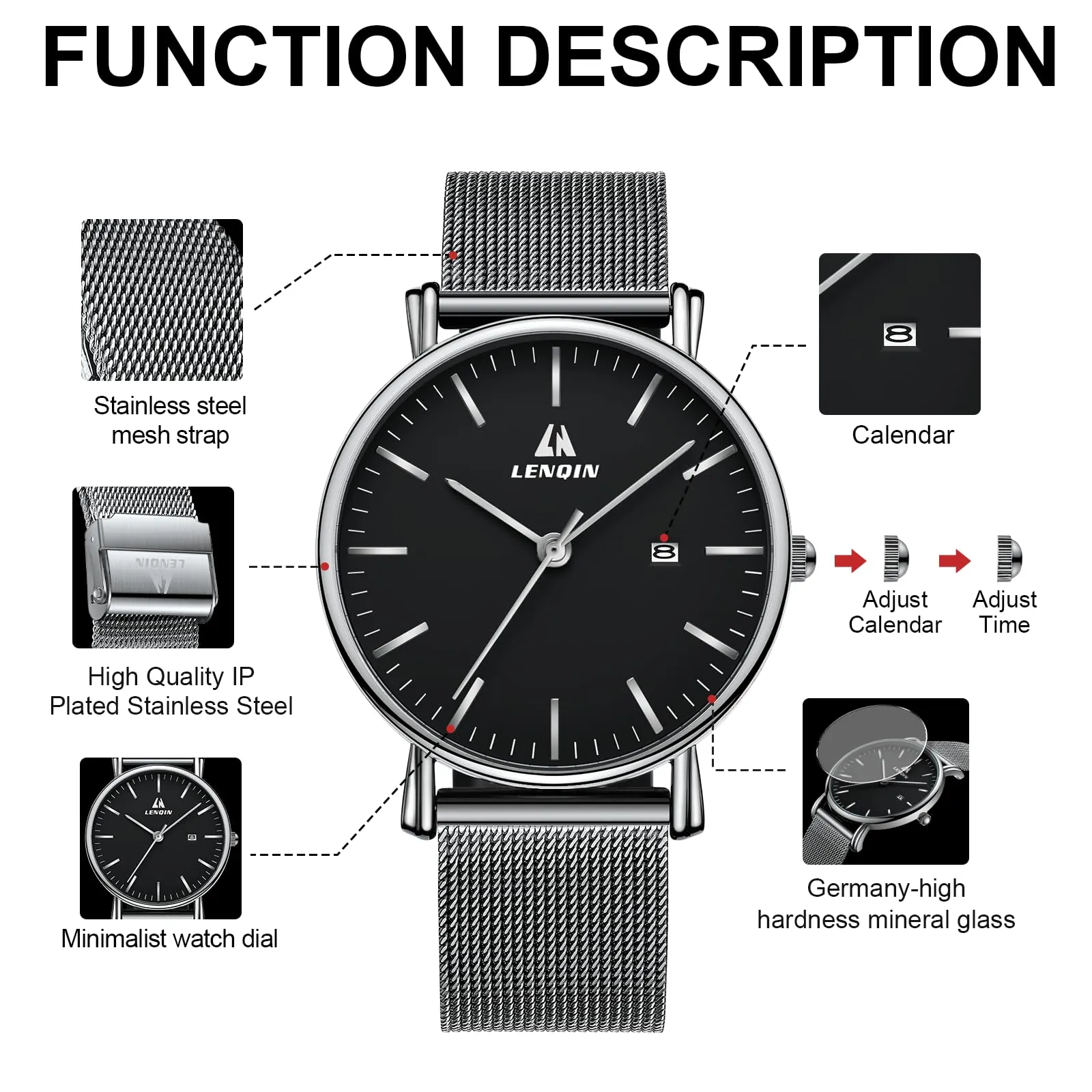 LN LENQIN Orologio Uomo Acciaio Inox Analogico Quarzo Impermeabile Business 0546 Silver Black - immagine 7
