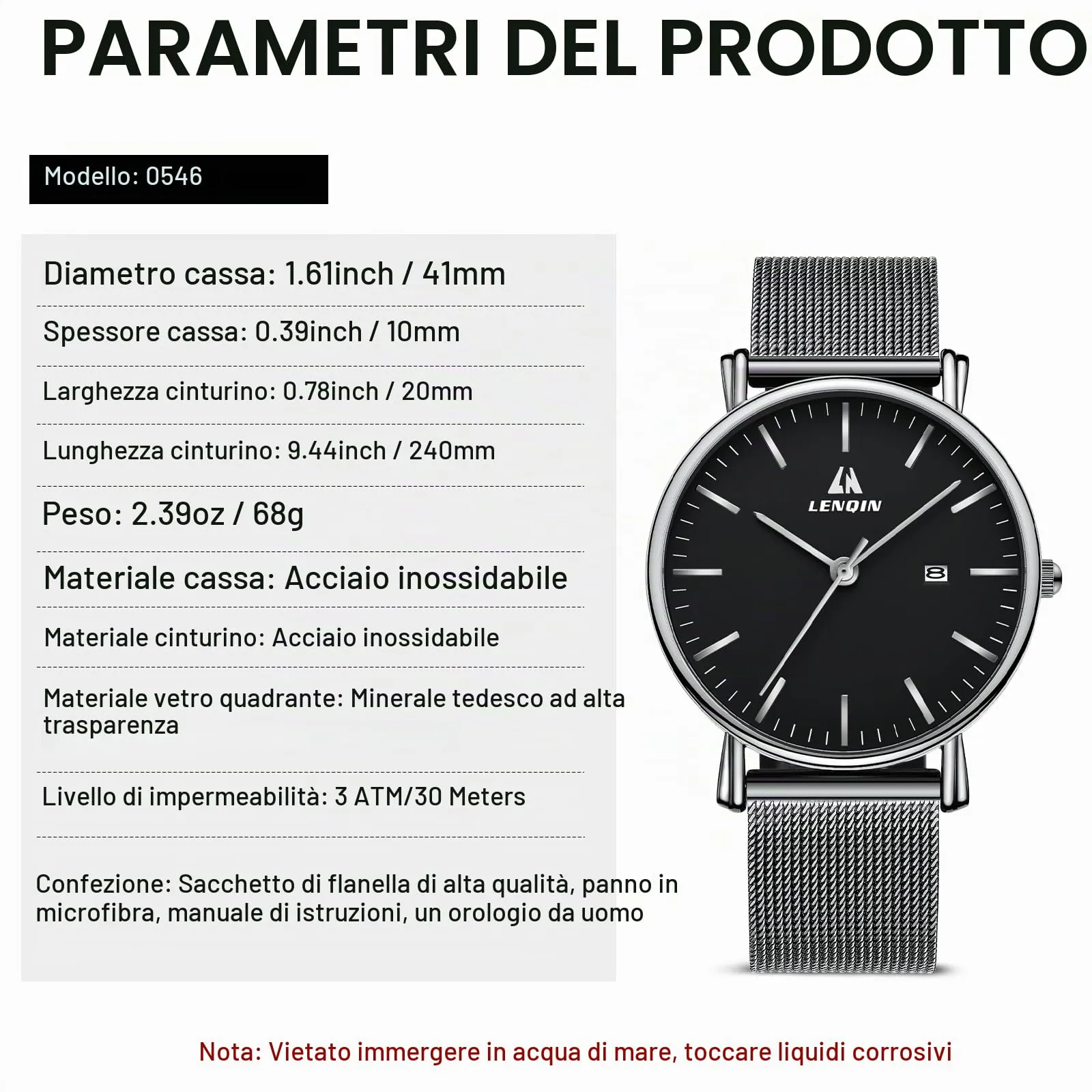 LN LENQIN Orologio Uomo Acciaio Inox Analogico Quarzo Impermeabile Business 0546 Silver Black - immagine 8