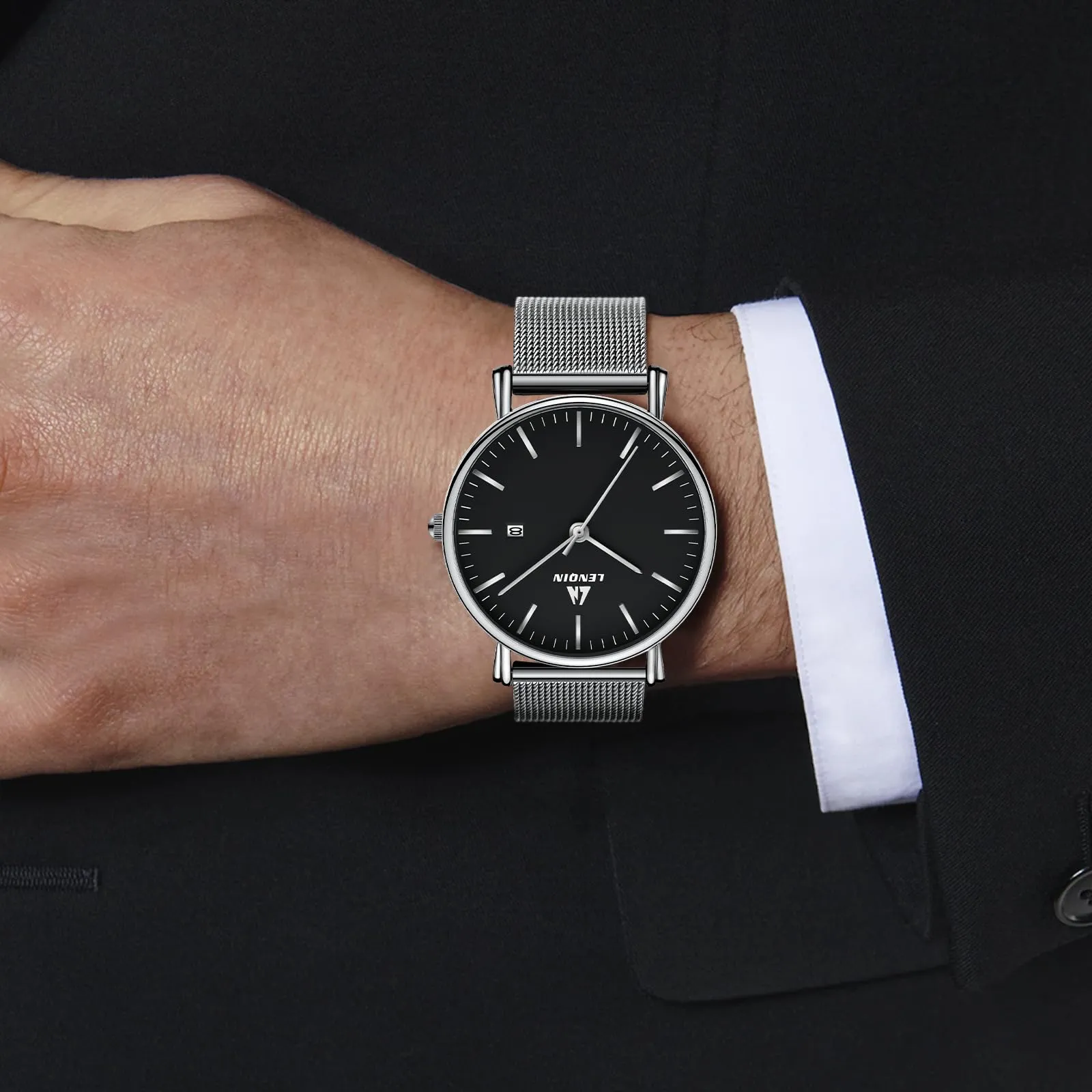 LN LENQIN Orologio Uomo Acciaio Inox Analogico Quarzo Impermeabile Business 0546 Silver Black - immagine 9