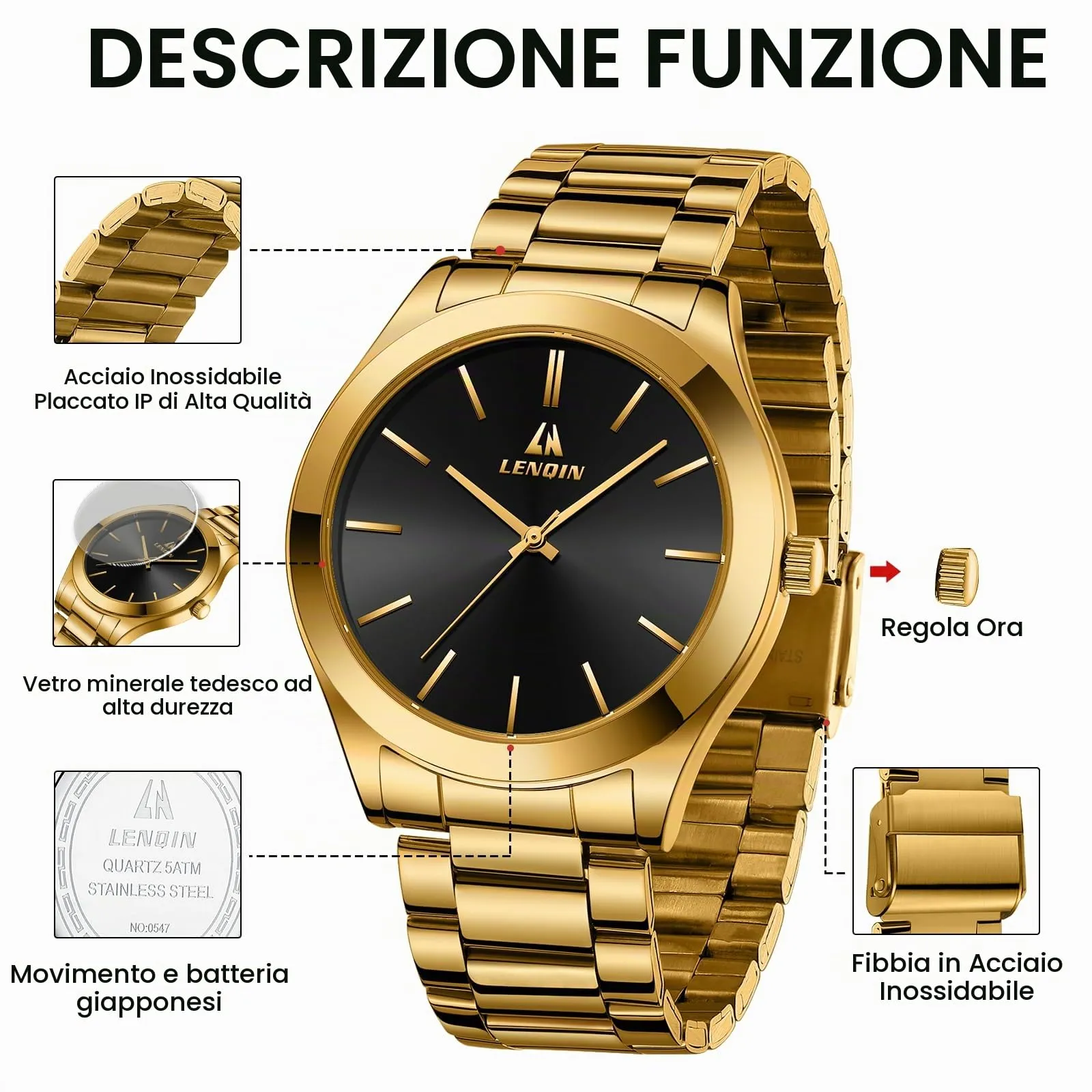 LN LENQIN Orologio Uomo Acciaio Inox Analogico Quarzo Impermeabile Business - immagine 7