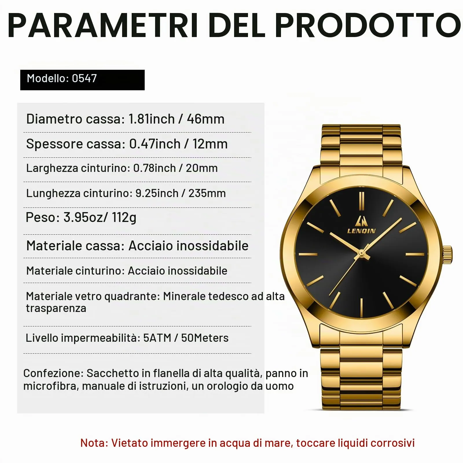 LN LENQIN Orologio Uomo Acciaio Inox Analogico Quarzo Impermeabile Business - immagine 8
