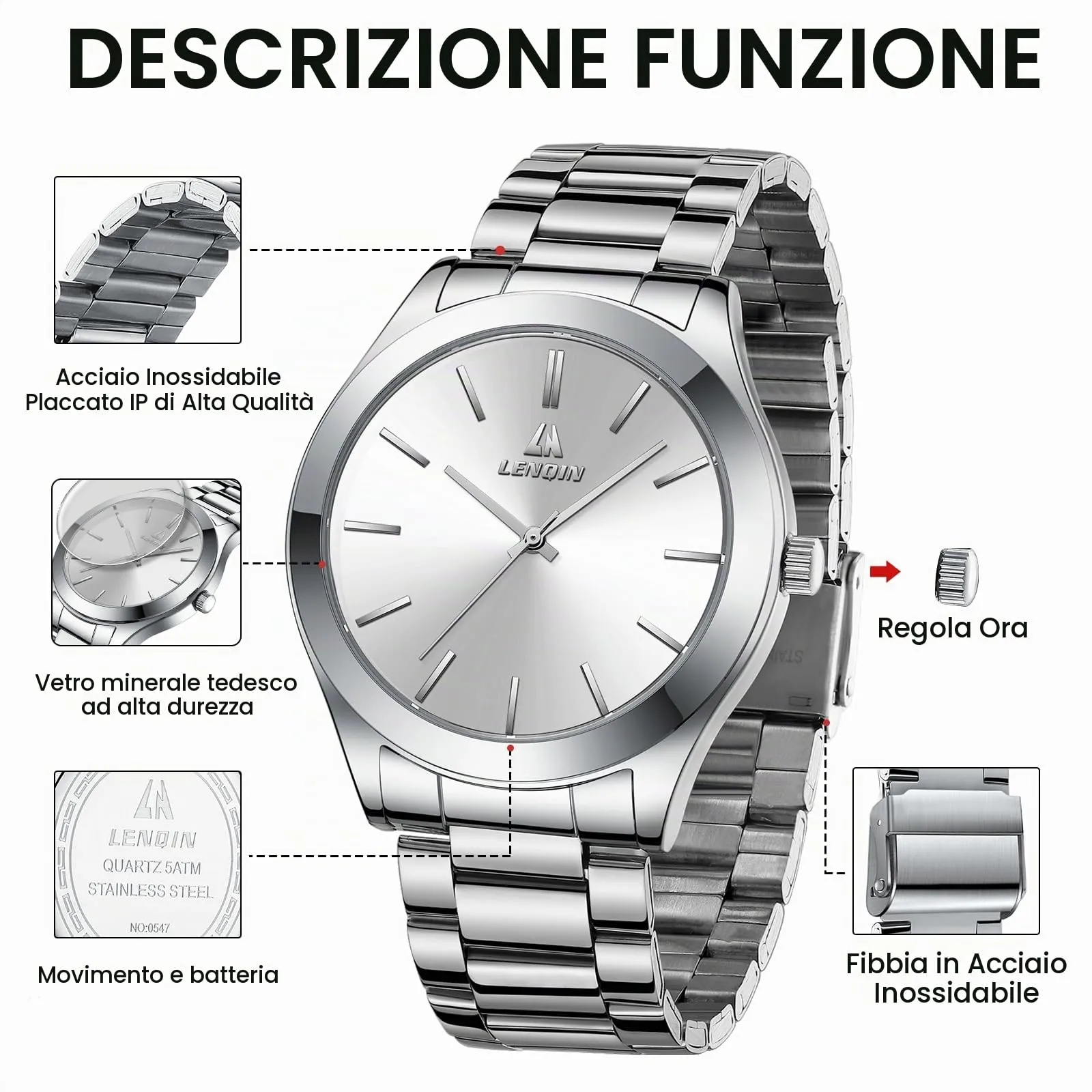 LN LENQIN Orologio Uomo Acciaio Inox Analogico Quarzo Impermeabile Business - immagine 7