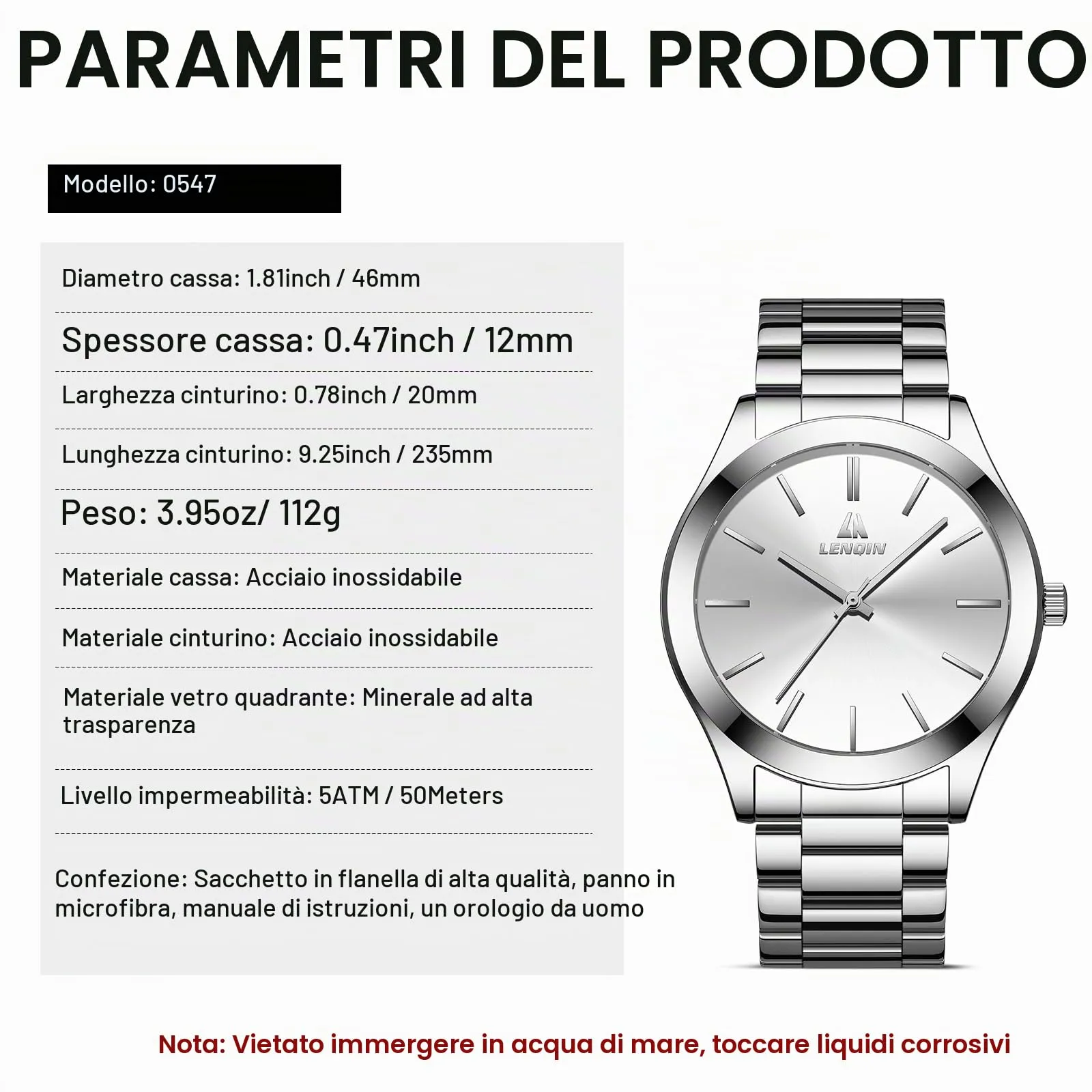 LN LENQIN Orologio Uomo Acciaio Inox Analogico Quarzo Impermeabile Business - immagine 8