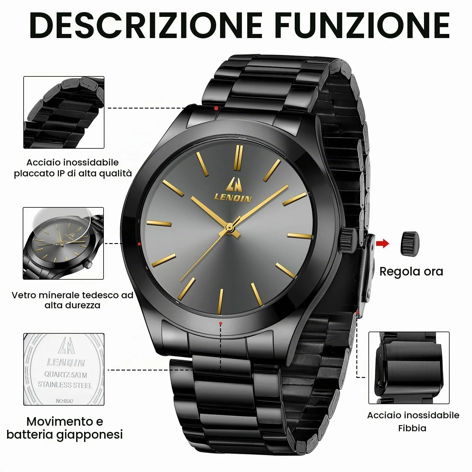 LN LENQIN Orologio Uomo Analogico Quarzo in Acciaio Inox Impermeabile Business - immagine 7