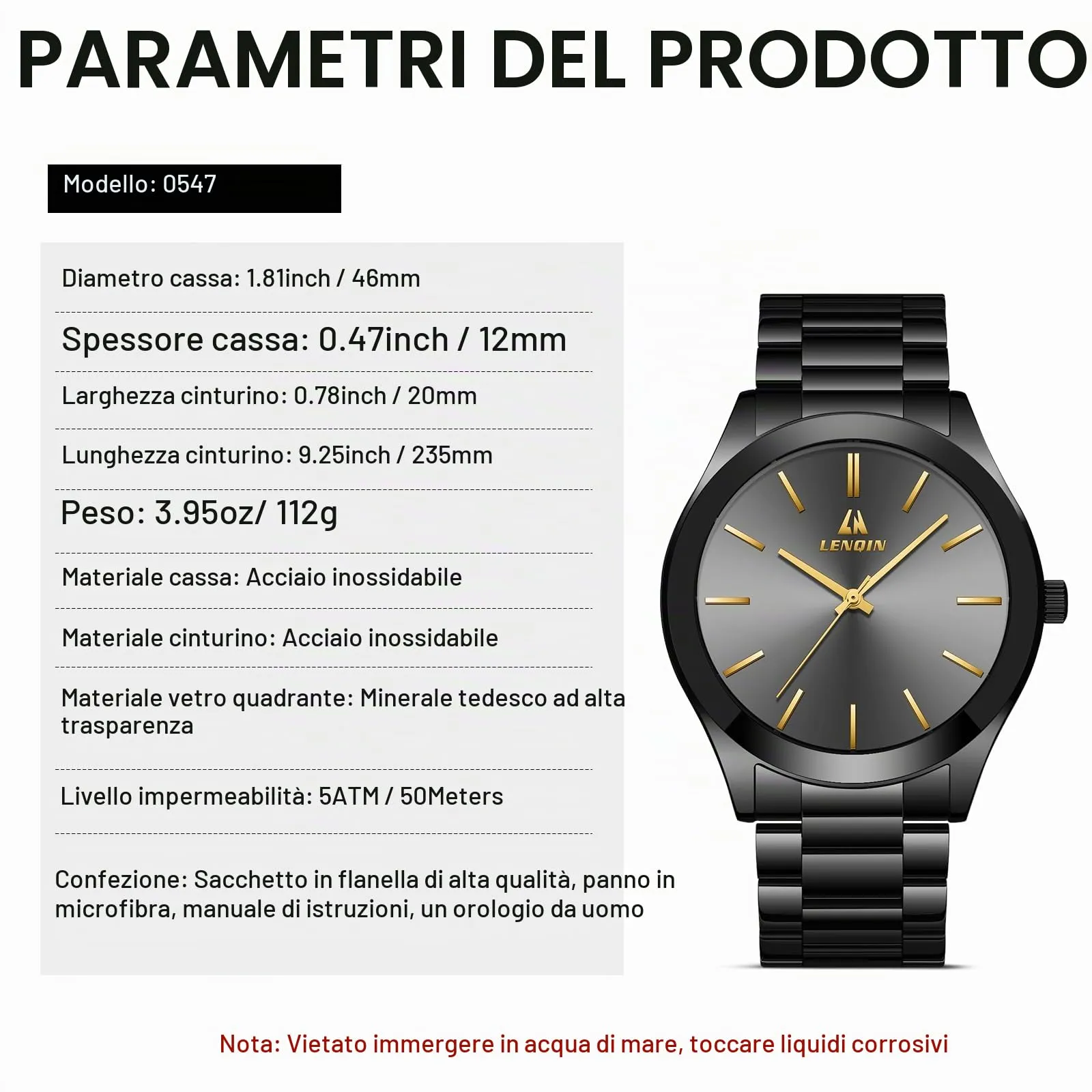LN LENQIN Orologio Uomo Analogico Quarzo in Acciaio Inox Impermeabile Business - immagine 8