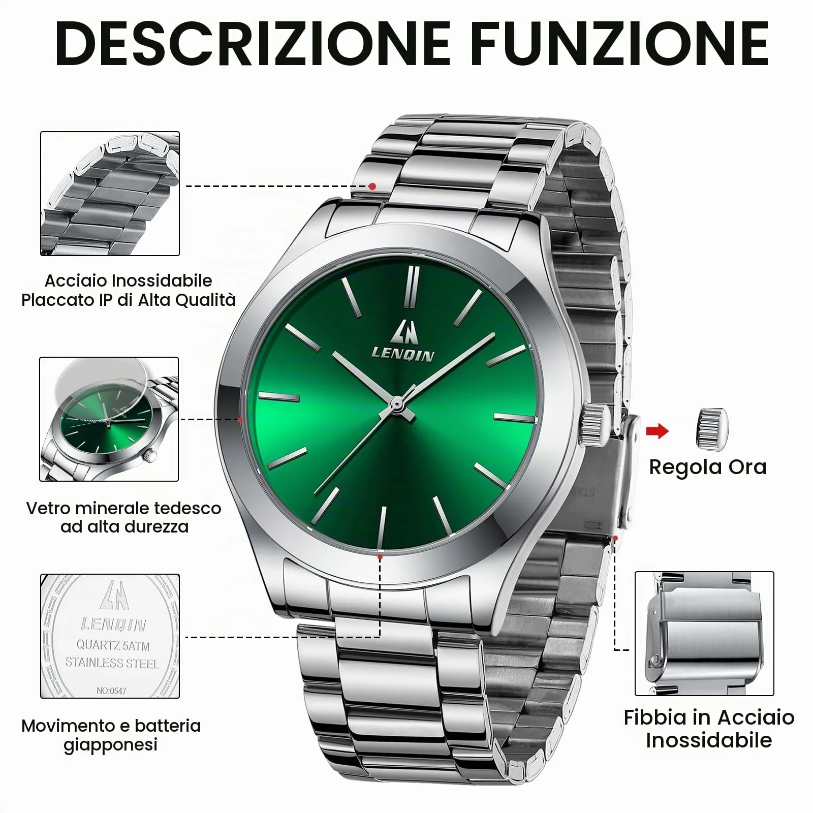LN LENQIN Orologio Uomo Analogico al Quarzo in Acciaio Inox Impermeabile 50M - immagine 7