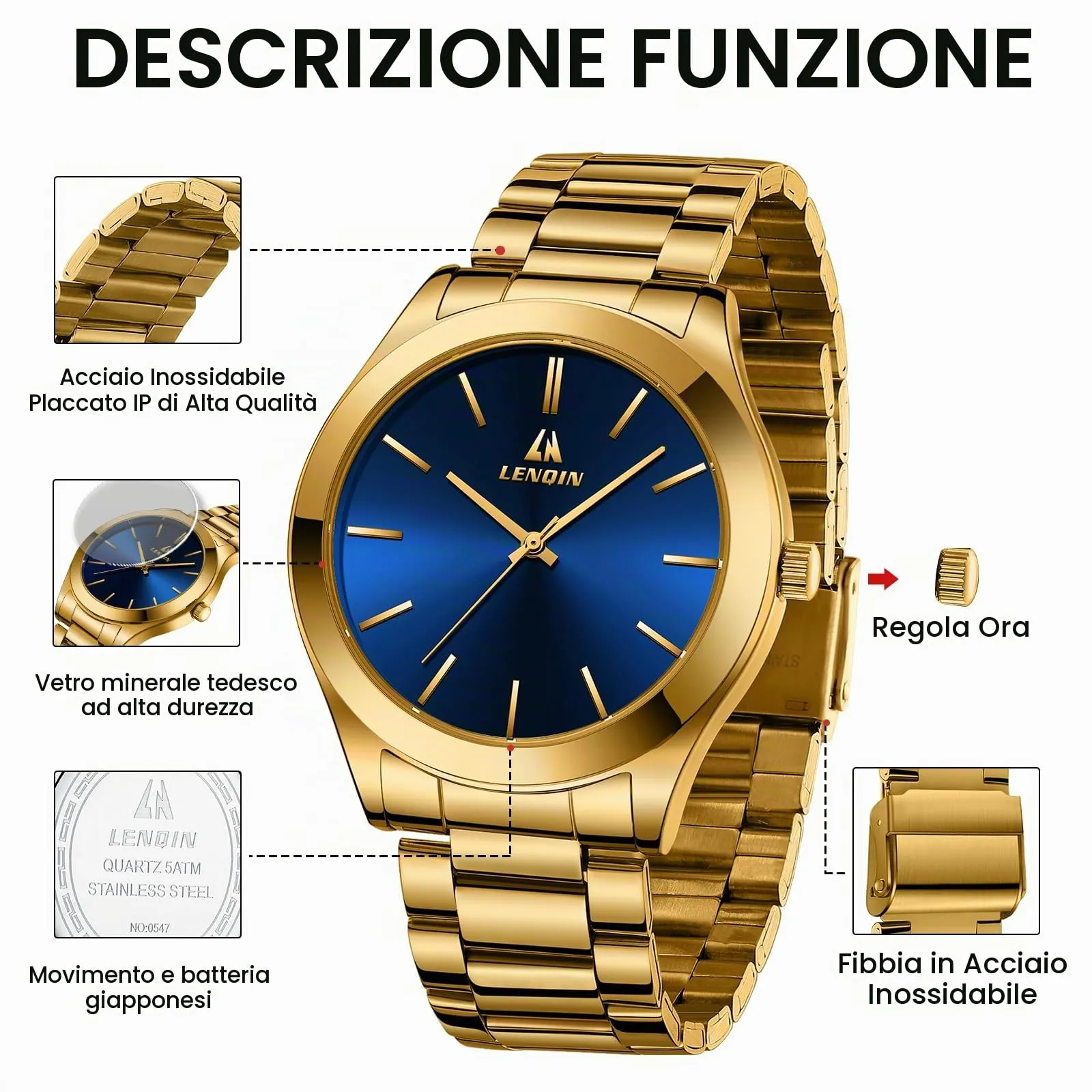 LN LENQIN Orologio Uomo Acciaio Inox Analogico Quarzo Impermeabile Business - immagine 7