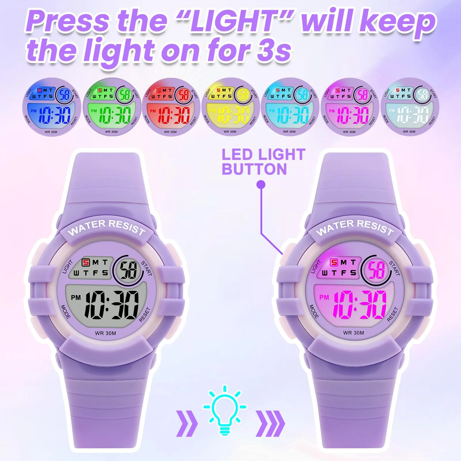 DTKID Orologio Digitale Bambini LED 7 Colori, Sveglia, Timer, Impermeabile - immagine 2