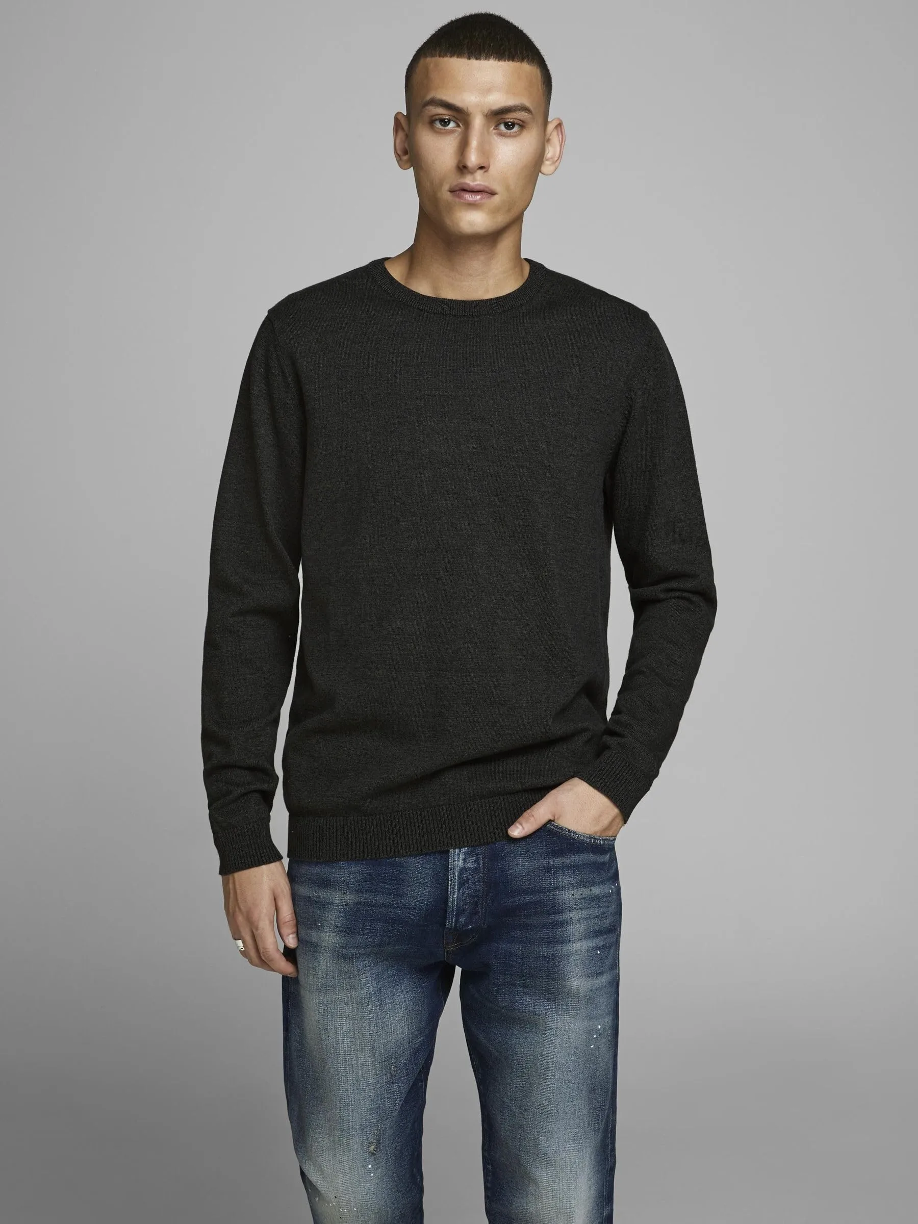 Jack & Jones Jjebasic Knit Crew Neck Noos Sweatshirt, Verde Deep Depths Twisted with Black, Small - immagine 2