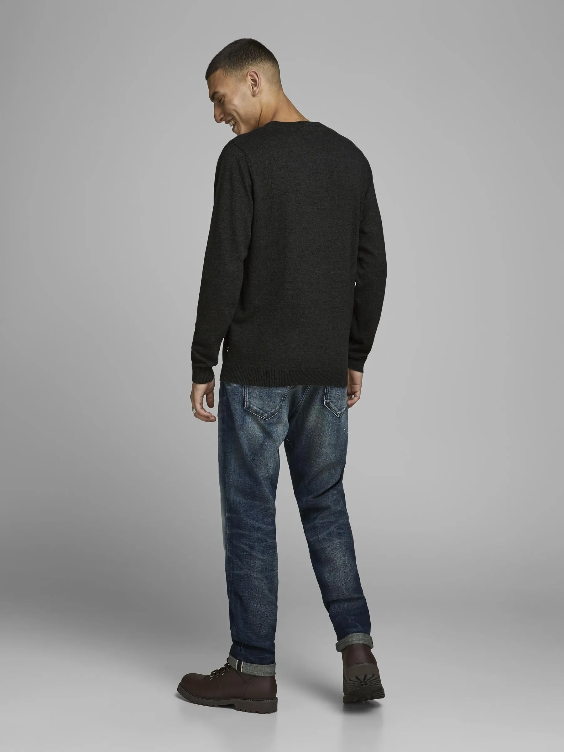 Jack & Jones Jjebasic Knit Crew Neck Noos Sweatshirt, Verde Deep Depths Twisted with Black, Small - immagine 3