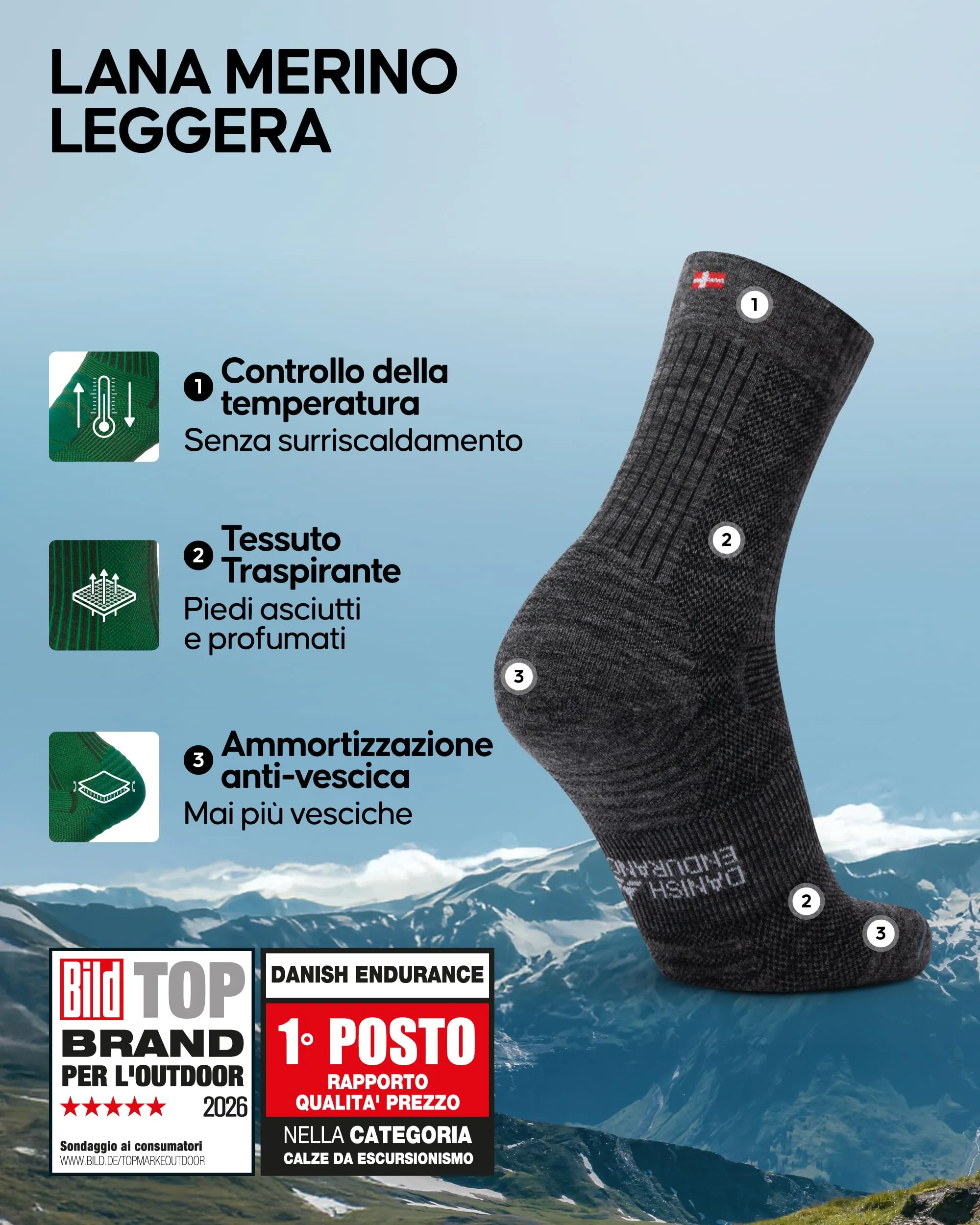 Danish Endurance Calze Trekking Leggere, 3 Paia, Grigio, 35-38 - immagine 2