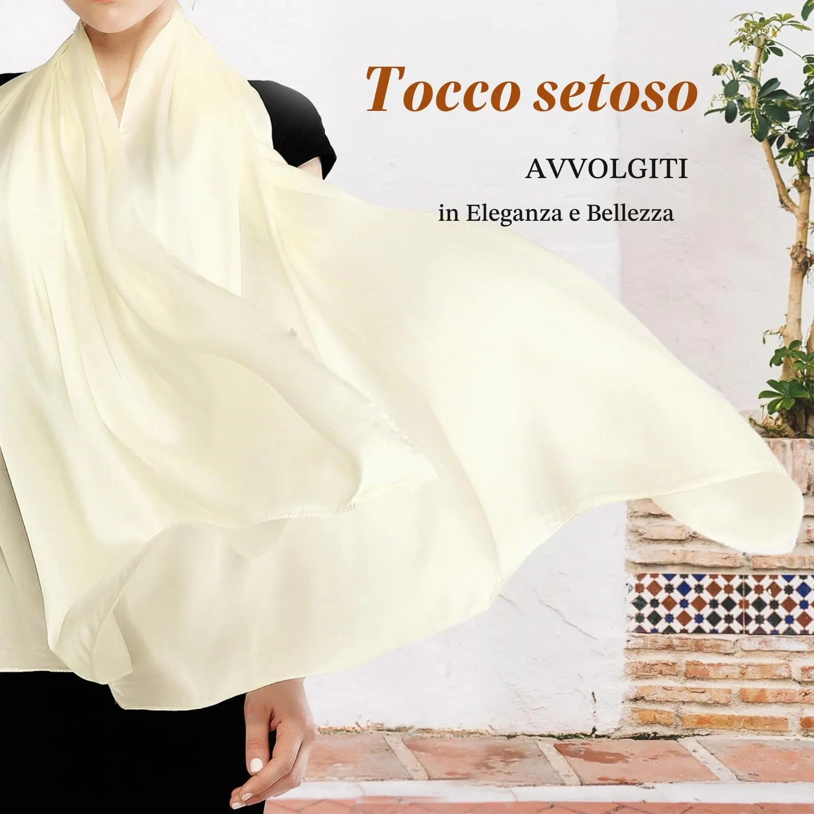 RIIQIICHY Sciarpa di seta per donna, Scialle pashmina leggero, Lait Blanc - immagine 2