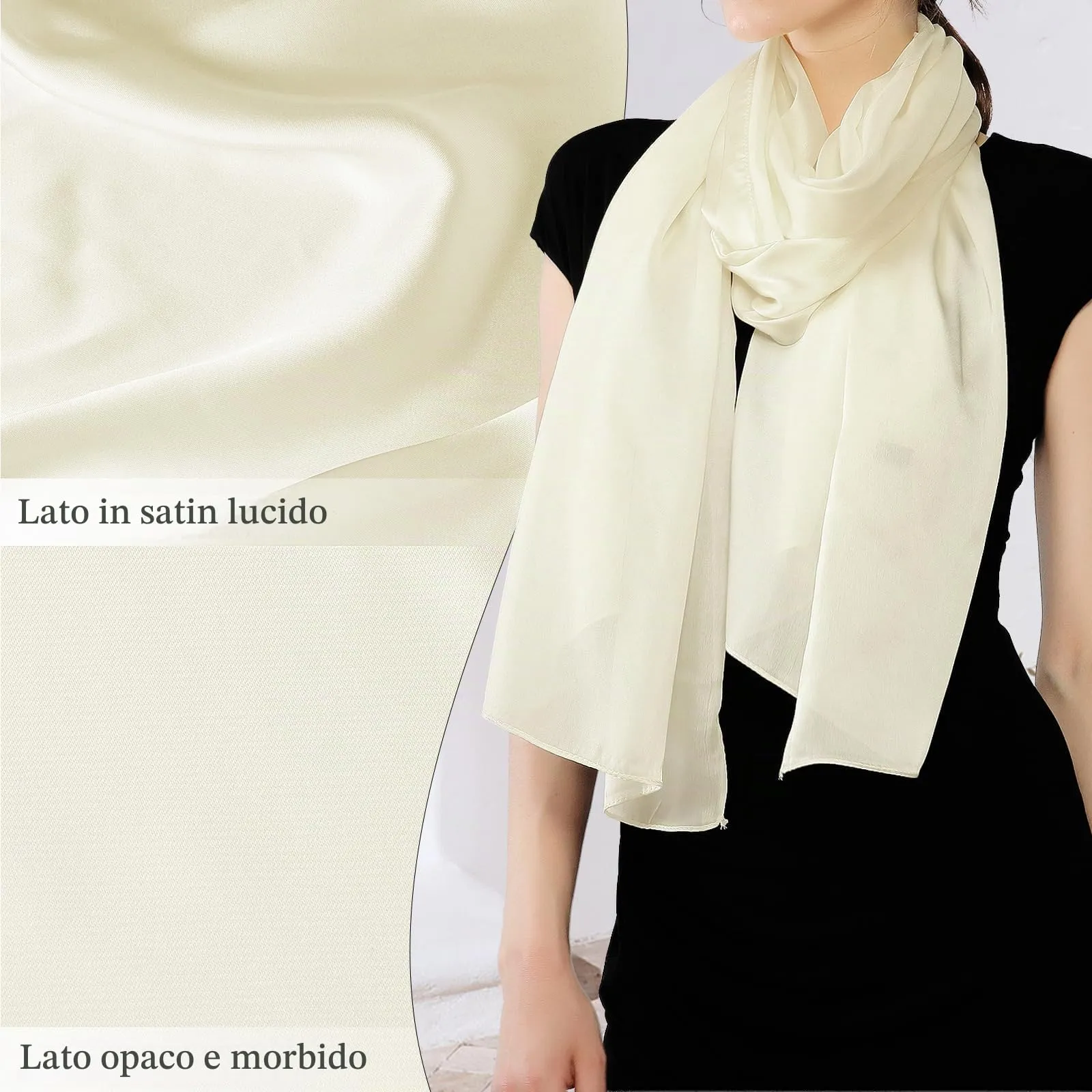 RIIQIICHY Sciarpa di seta per donna, Scialle pashmina leggero, Lait Blanc - immagine 5