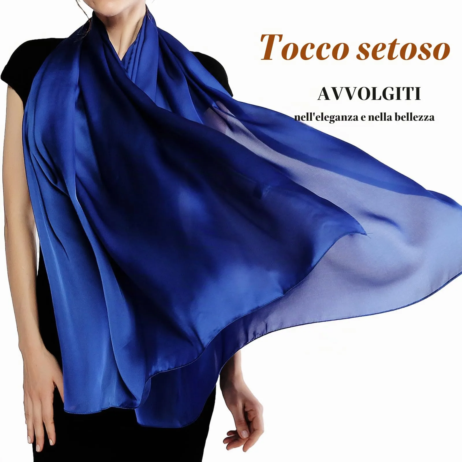RIIQIICHY Sciarpa in Seta Blu Pashmina Leggera Stola per Cerimonia e Abito da Sera - immagine 3