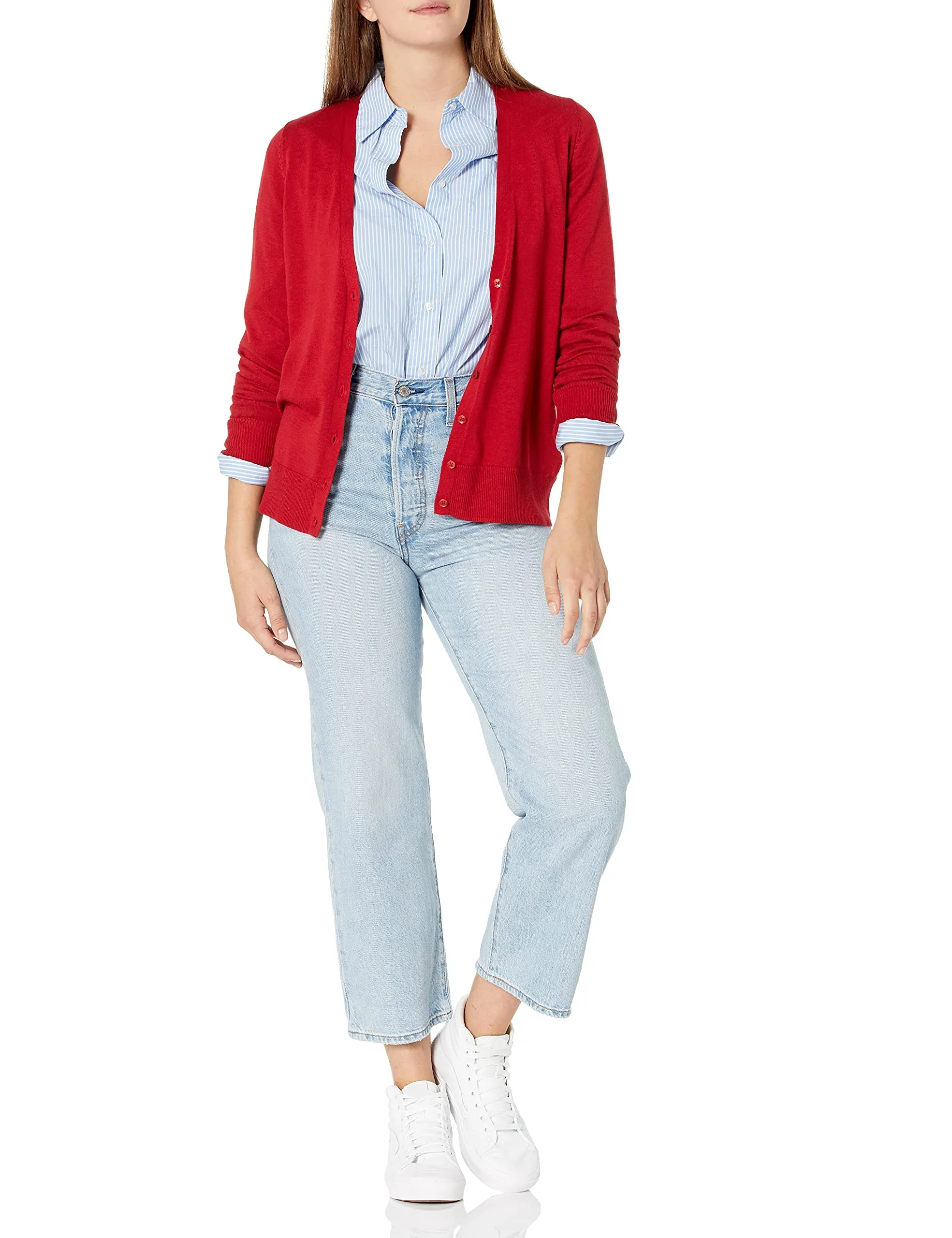 Amazon Essentials Felpa Cardigan Leggera Donna, Rosso, S - immagine 6