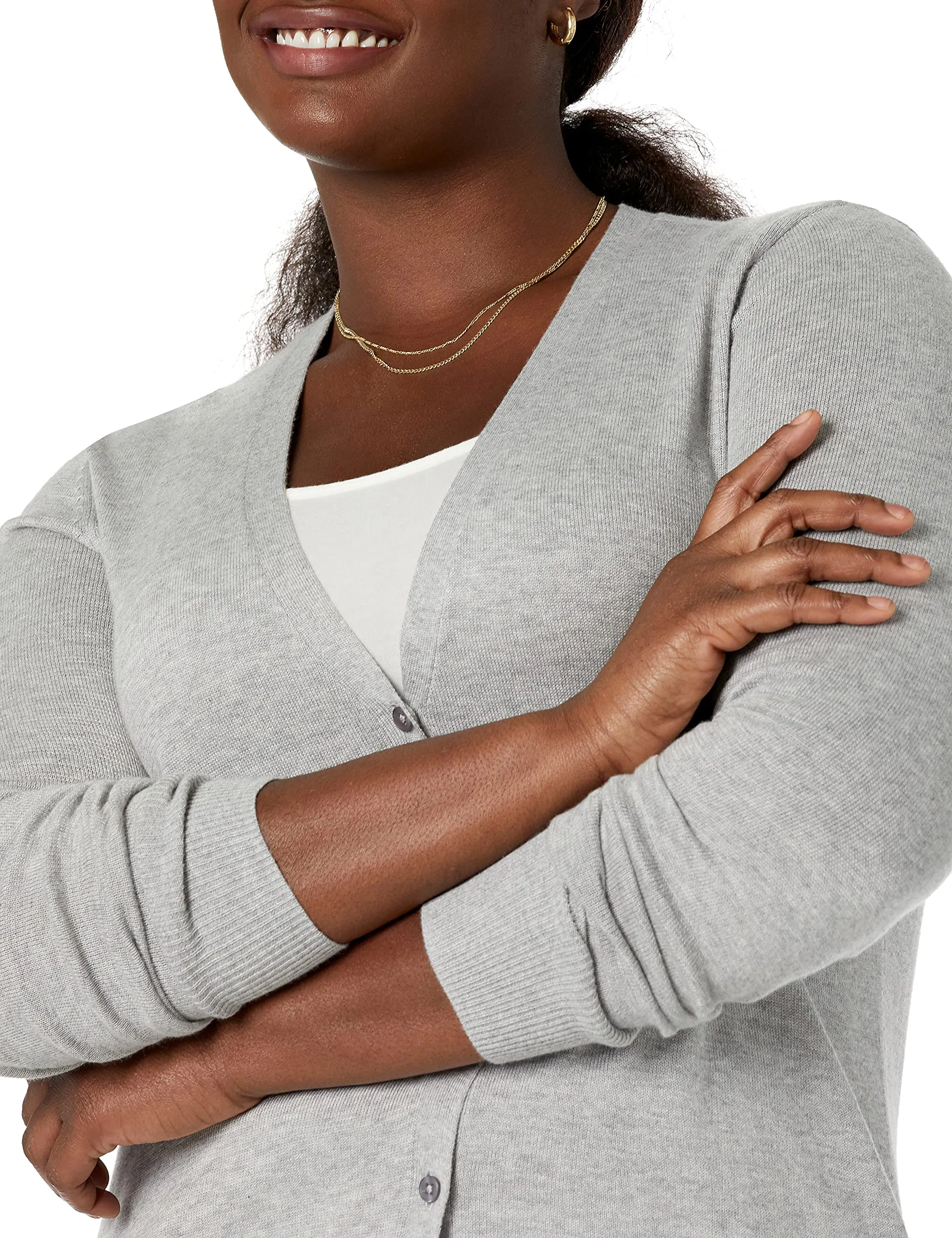 Amazon Essentials Felpa Cardigan Leggera Donna, Grigio Chiaro Puntinato, XS - immagine 4