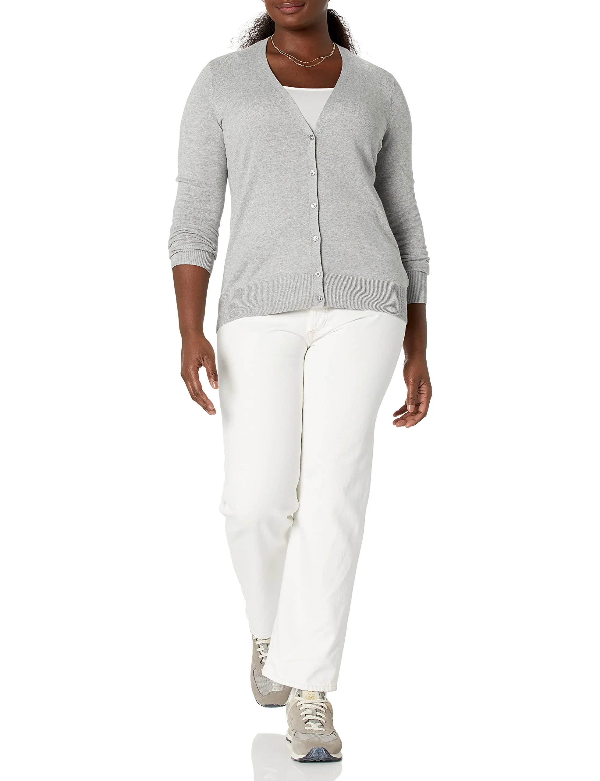 Amazon Essentials Felpa Cardigan Leggera Donna, Grigio Chiaro Puntinato, XS - immagine 5
