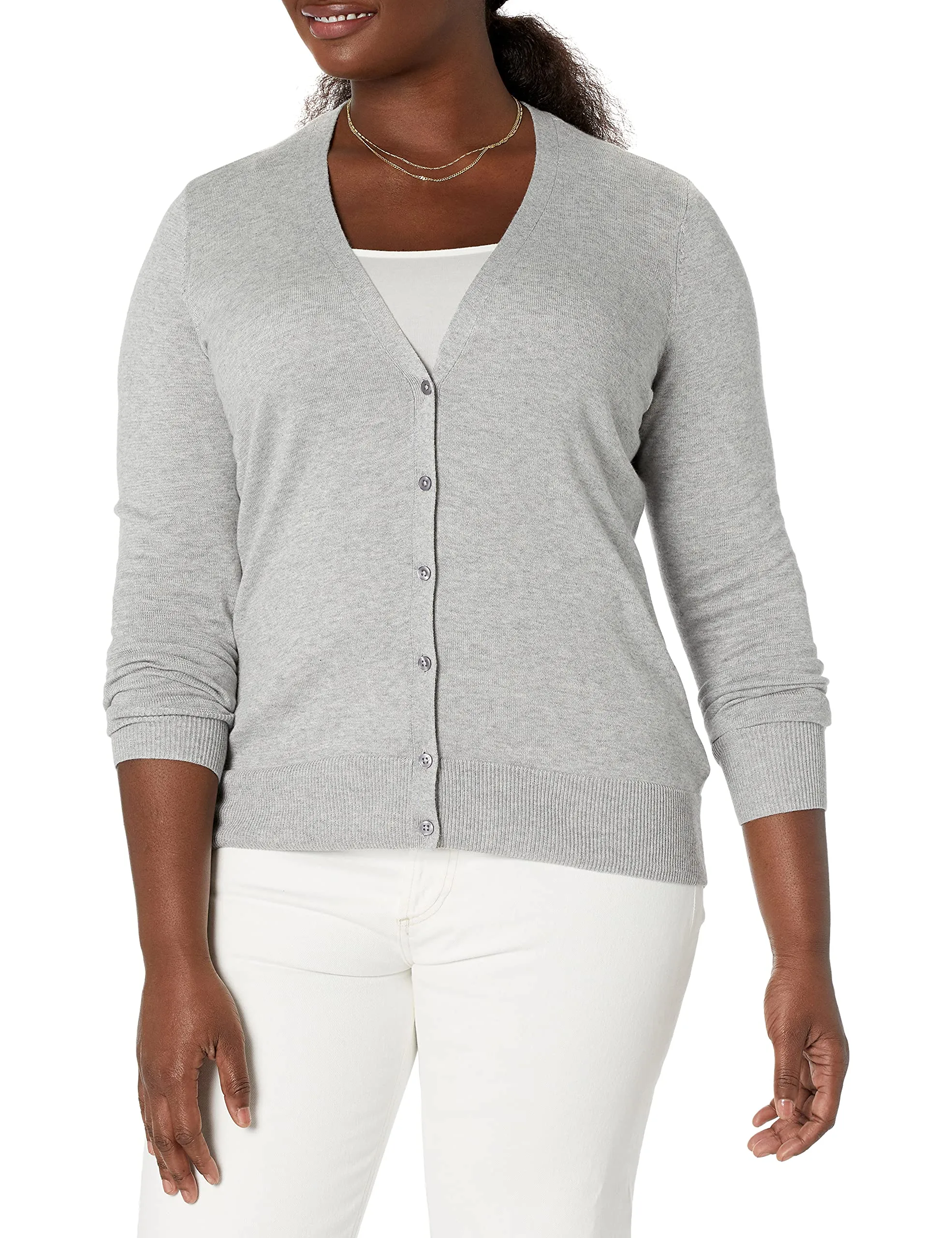Amazon Essentials Felpa Cardigan Leggera Donna, Grigio Chiaro Puntinato, XL - immagine 1