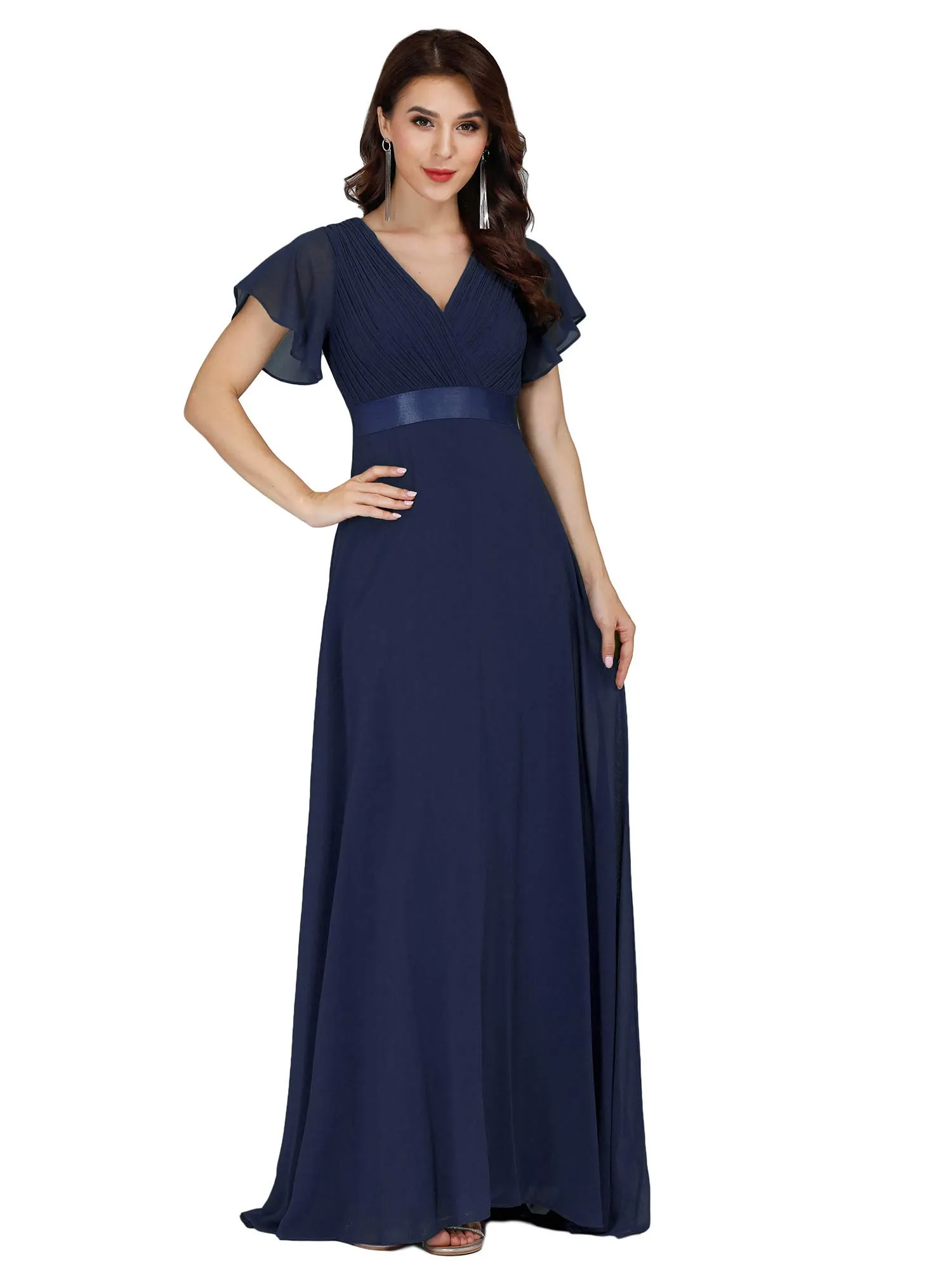 Ever-Pretty Vestito da Ballo Donna Stile Impero Linea ad A Scollo a V Maniche Corte Lungo Blu Navy 54 - immagine 1