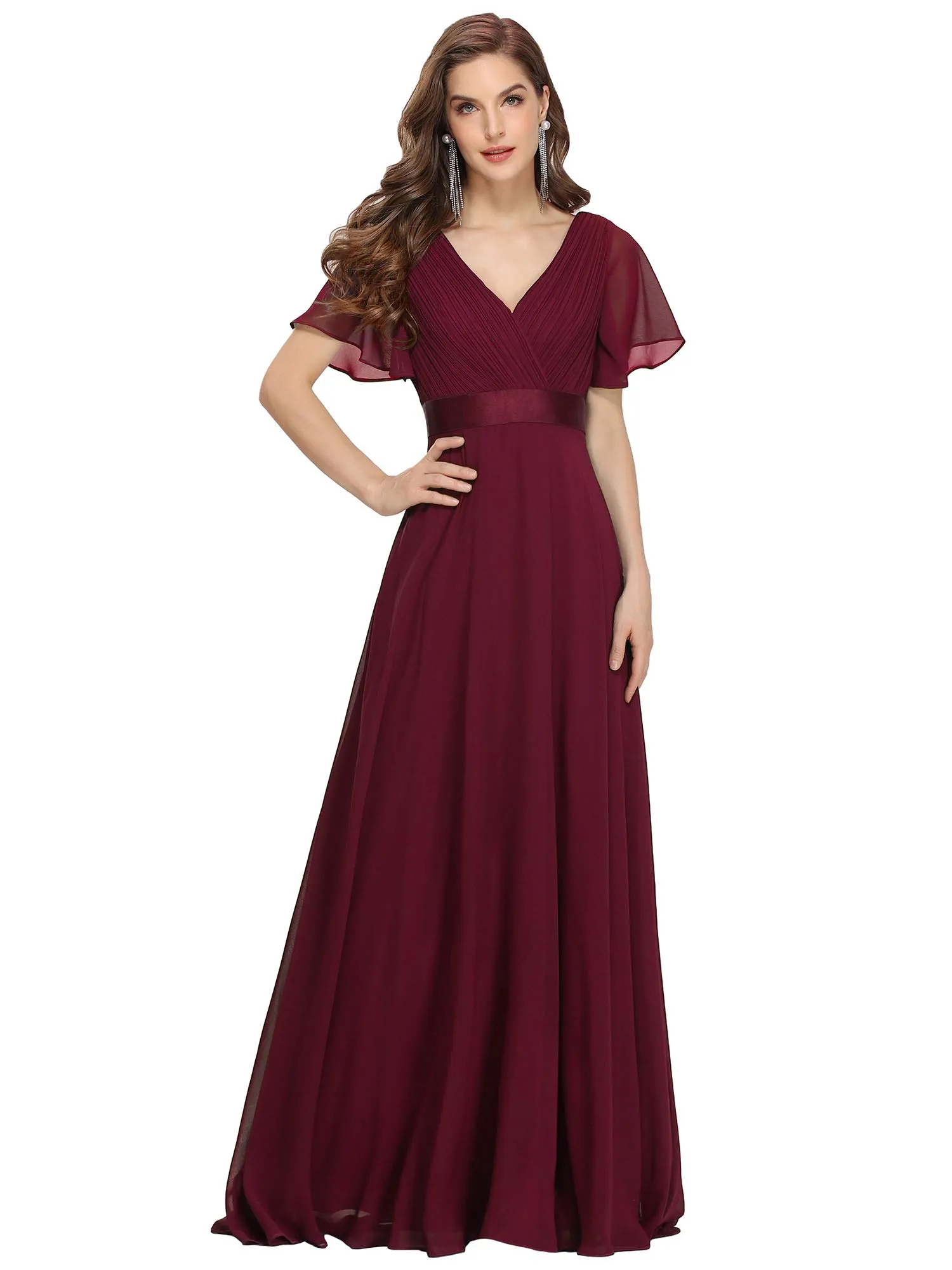 Ever-Pretty Vestito da Damigella Donna Stile Impero Linea ad A Scollo a V Maniche Corte Lungo Borgogna 50 - immagine 1