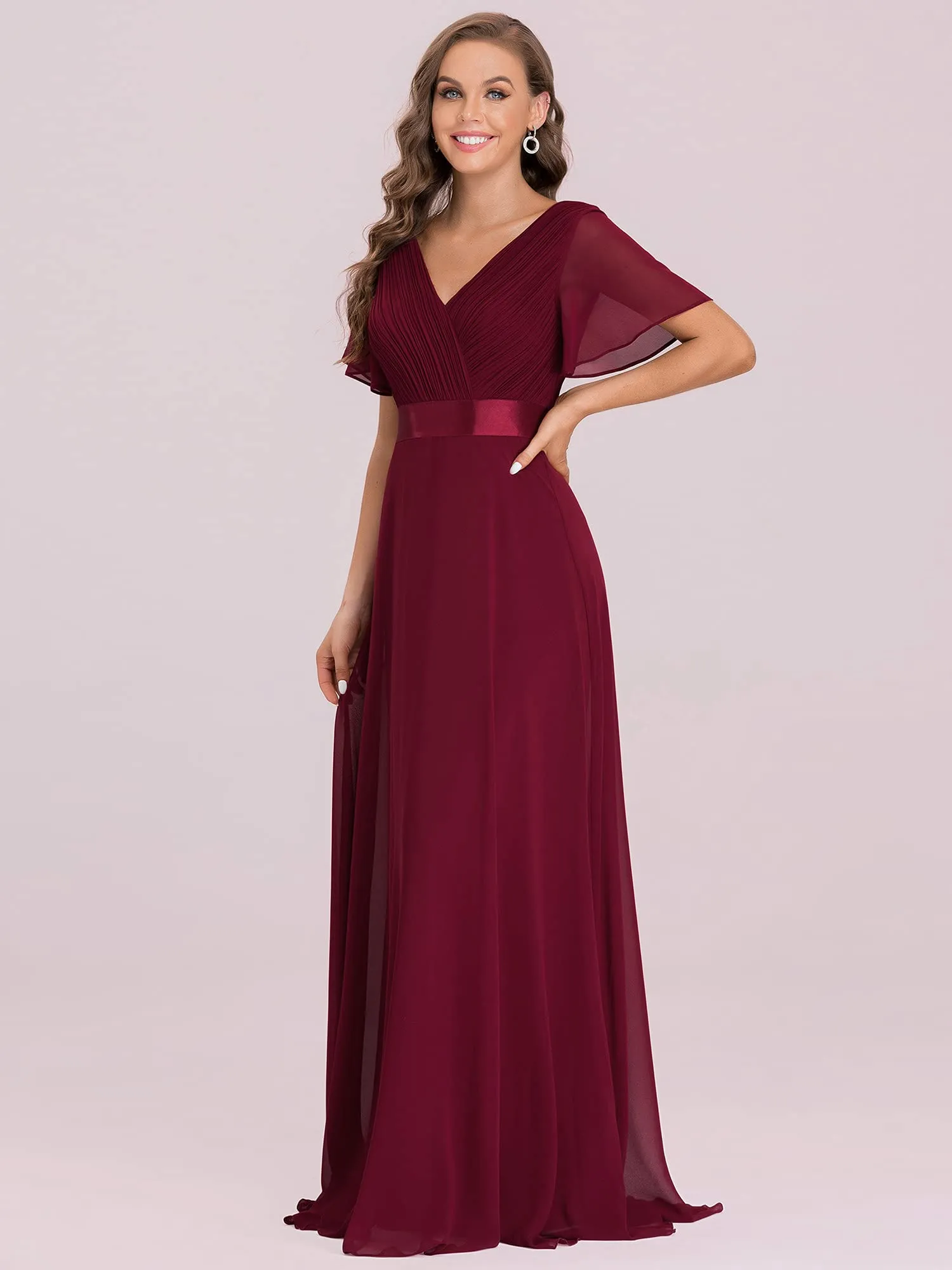 Ever-Pretty Vestito da Damigella Donna Stile Impero Linea ad A Scollo a V Maniche Corte Lungo Borgogna 50 - immagine 7