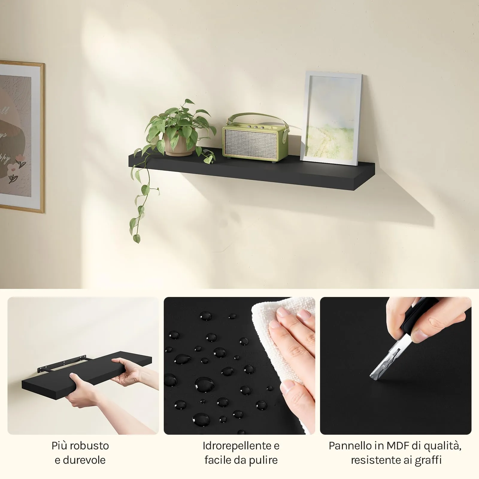 WOLTU Mensola da Muro Rettangolare in Legno Nero 80cm RG9318sz - immagine 8