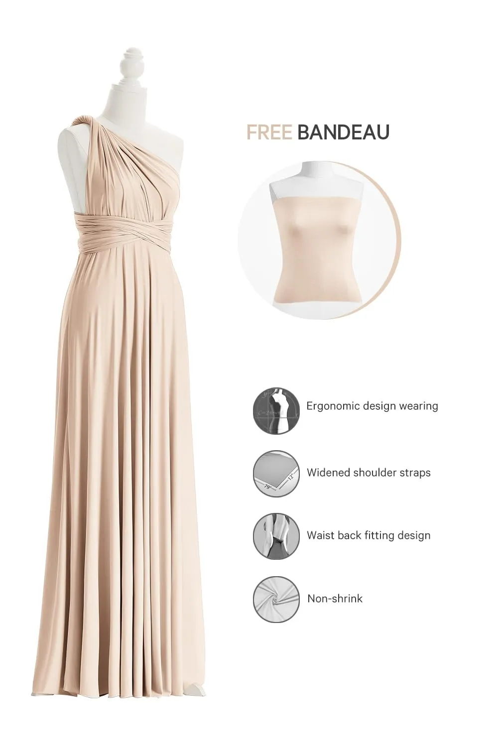 72styles Abito Cerimonia Donna Vestito Elegante Infinity Damigella d'Onore Champagne - immagine 3