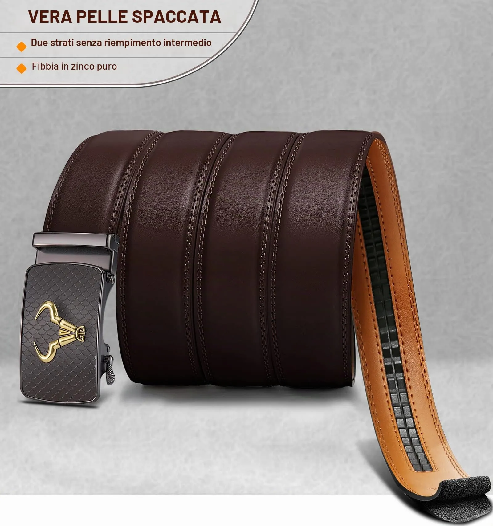 BULLIANT Cintura Uomo in Pelle con Fibbia Automatica a Cricchetto 35mm, Caffè Marrone 1203, 105cm - immagine 3