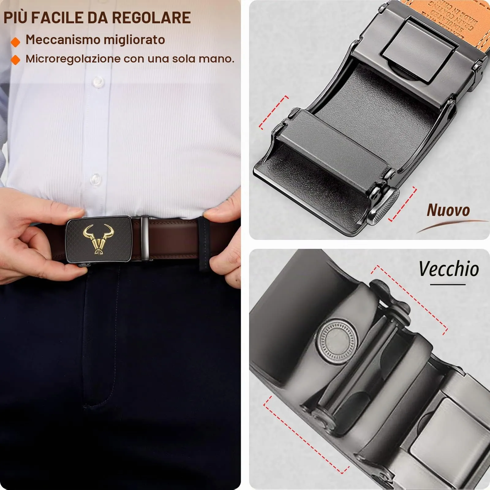 BULLIANT Cintura Uomo in Pelle con Fibbia Automatica a Cricchetto 35mm, Caffè Marrone 1203, 105cm - immagine 5