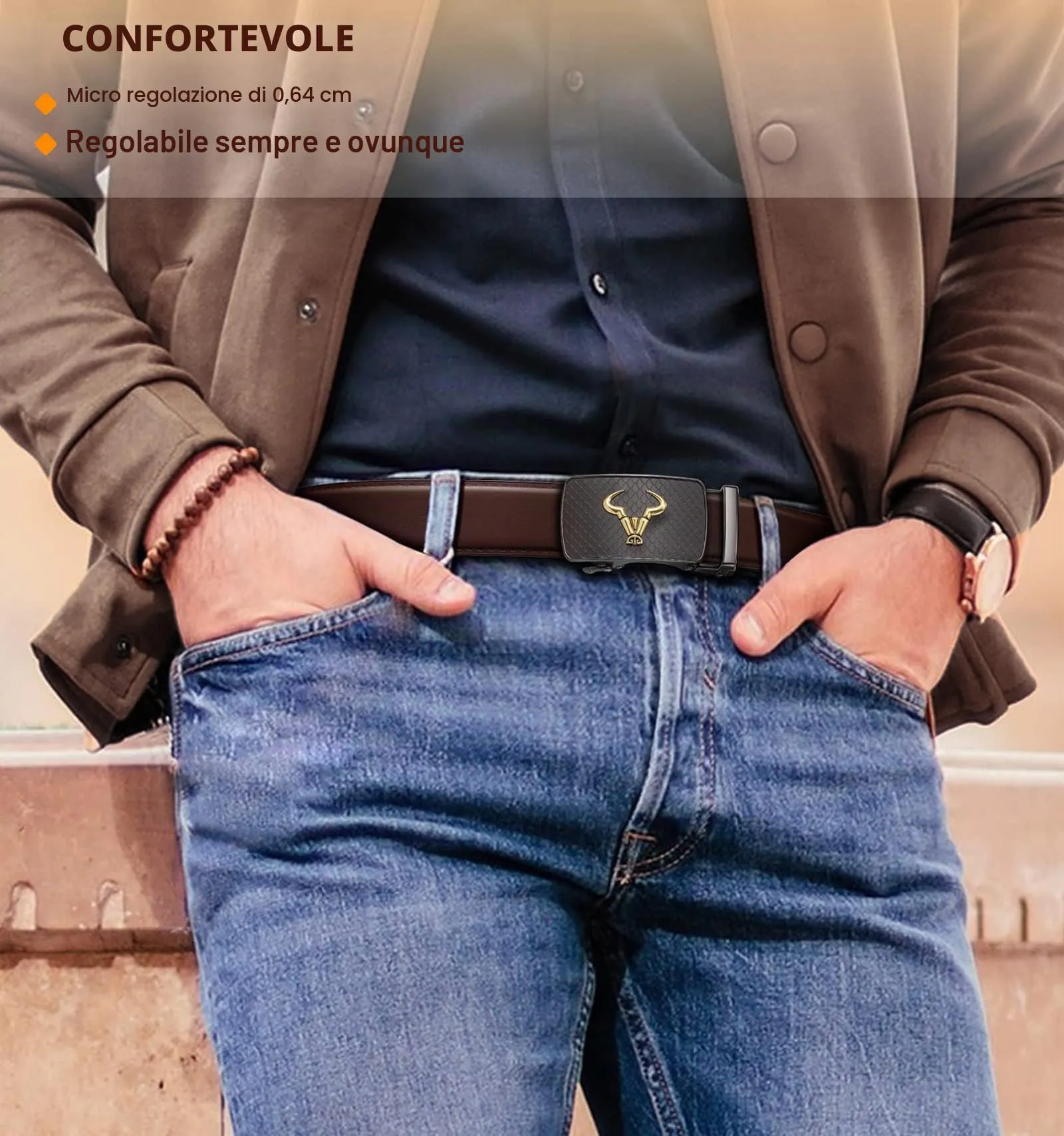 BULLIANT Cintura Uomo in Pelle con Fibbia Automatica a Cricchetto 35mm, Caffè Marrone 1203, 105cm - immagine 8