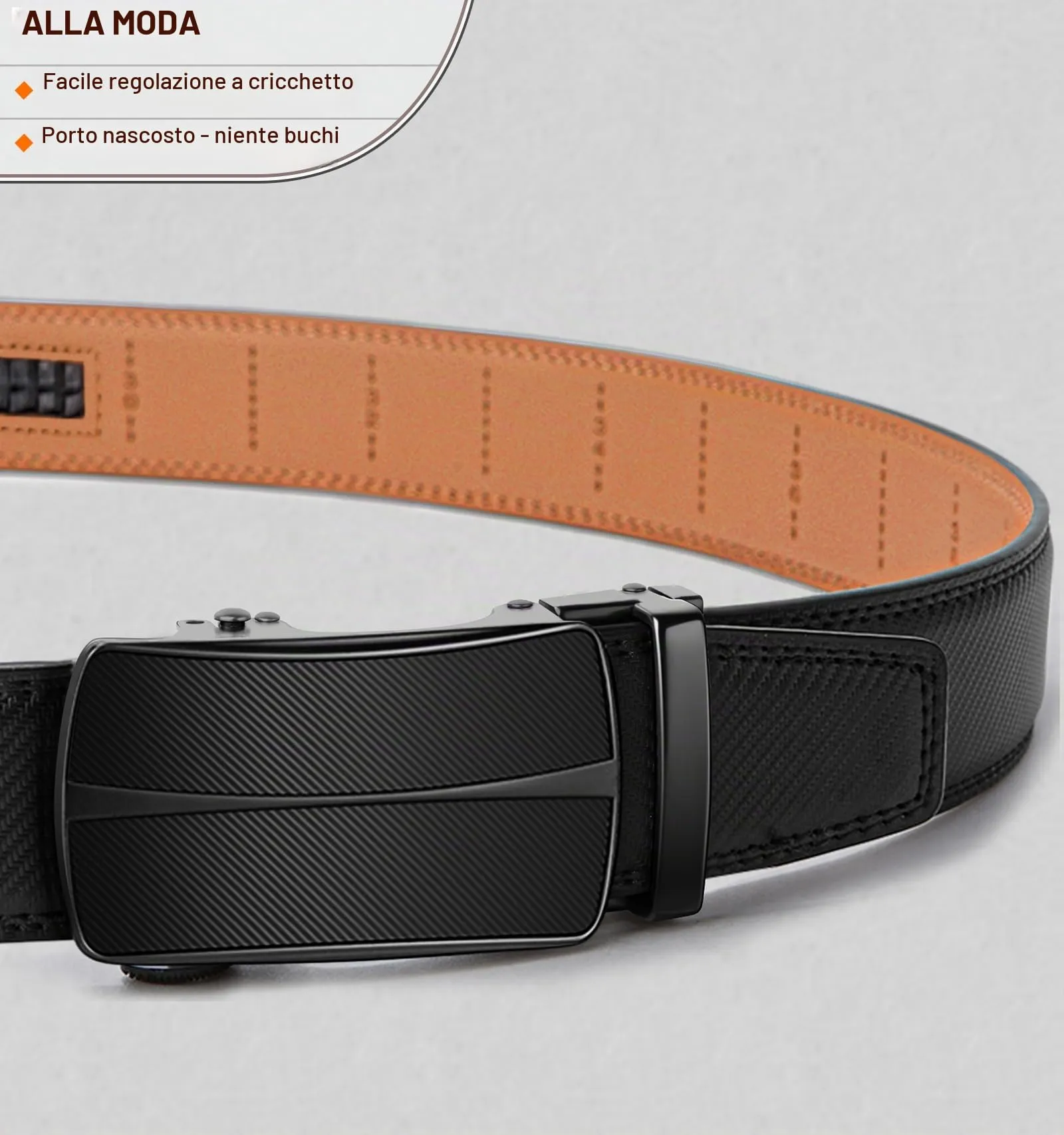 BULLIANT Cintura Uomo in Pelle con Fibbia Automatica a Cricchetto 35mm, Nero, 110cm - immagine 2