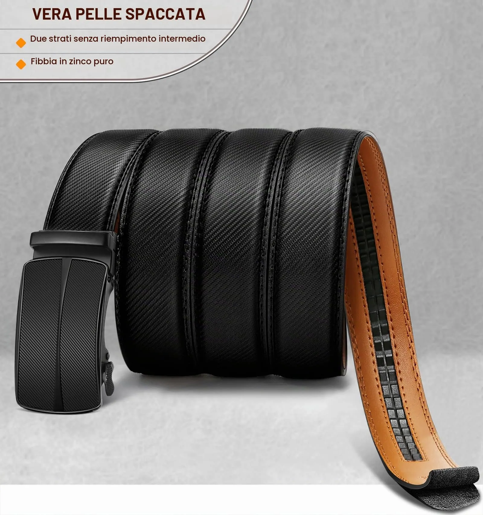 BULLIANT Cintura Uomo in Pelle con Fibbia Automatica a Cricchetto 35mm, Nero, 110cm - immagine 3