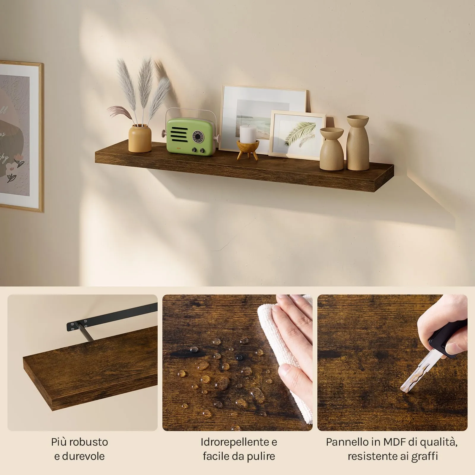 WOLTU Mensola da Muro in MDF Marrone Vintage, 100x22.9x3.8cm - immagine 7