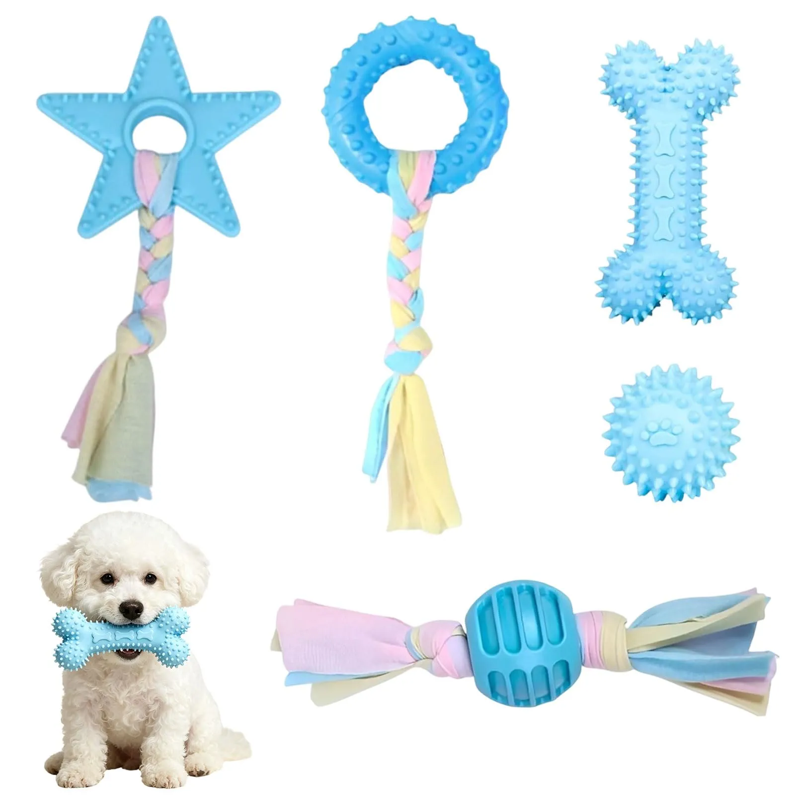 Ajuanbazha Set di 5 Giocattoli da Masticare per Cuccioli in Gomma Naturale e Corde di Cotone, Blu - immagine 1