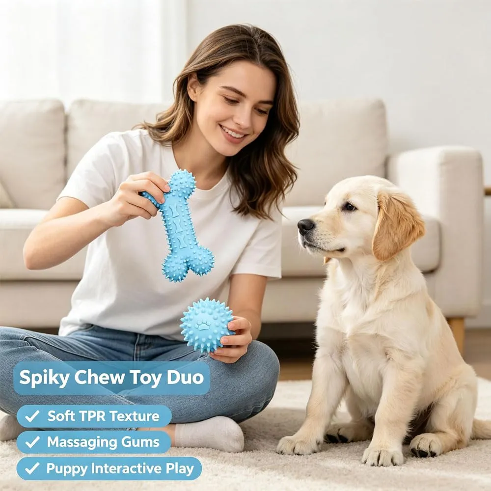 Ajuanbazha Set di 5 Giocattoli da Masticare per Cuccioli in Gomma Naturale e Corde di Cotone, Blu - immagine 2