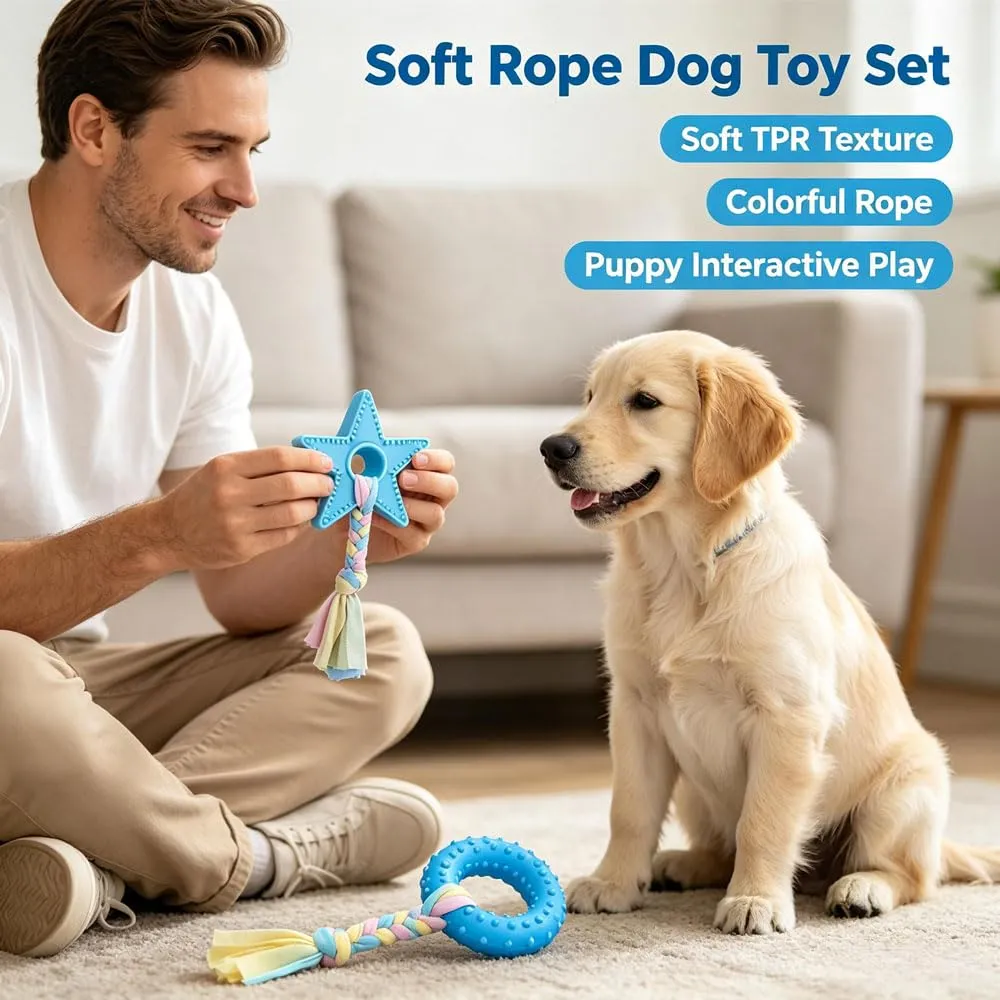 Ajuanbazha Set di 5 Giocattoli da Masticare per Cuccioli in Gomma Naturale e Corde di Cotone, Blu - immagine 4