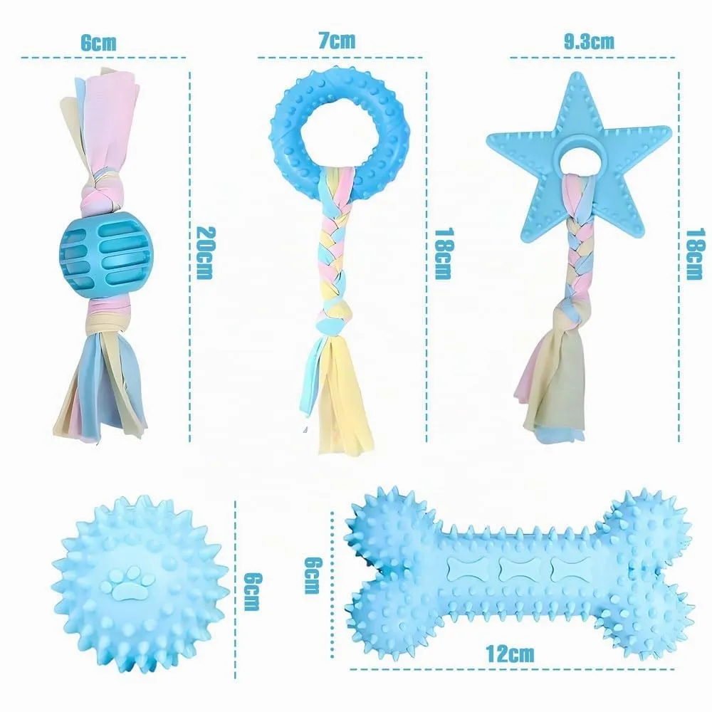 Ajuanbazha Set di 5 Giocattoli da Masticare per Cuccioli in Gomma Naturale e Corde di Cotone, Blu - immagine 7