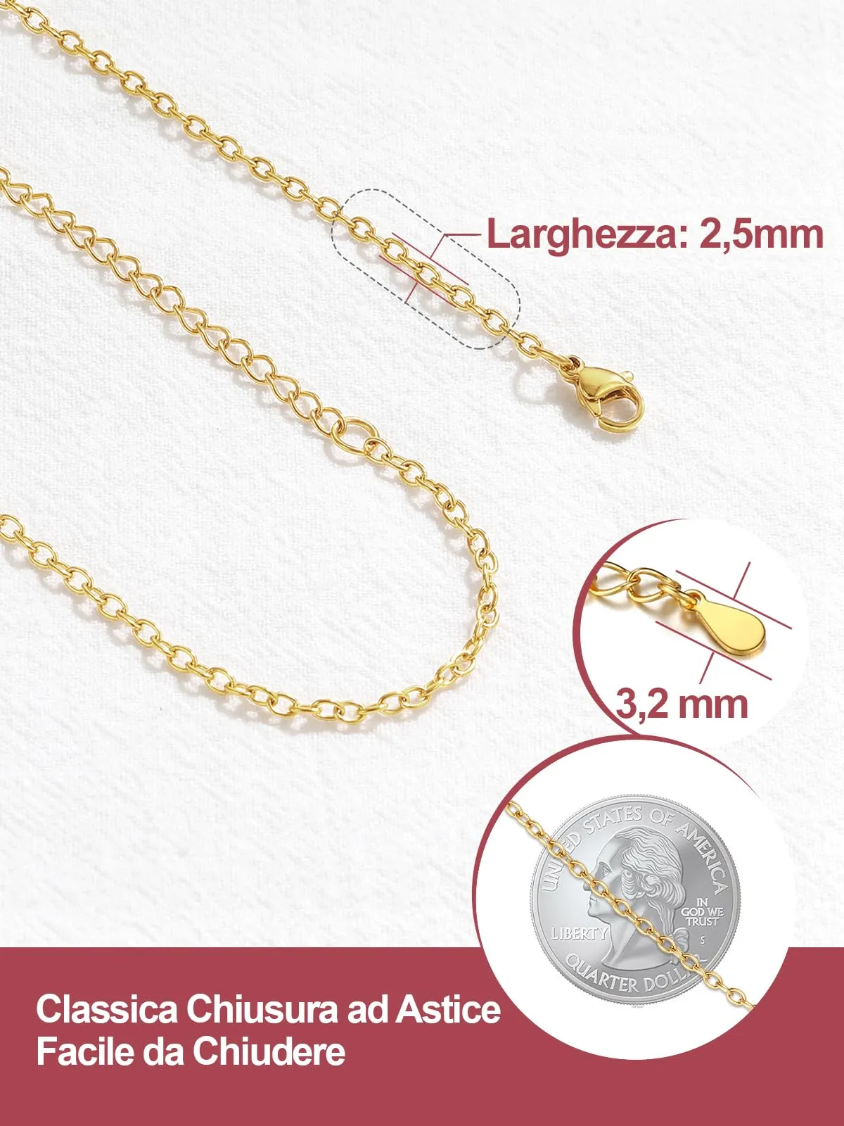 FOCALOOK Collana Catena Sottile in Acciaio Inossidabile Oro, 2mm, 51cm+5cm - immagine 6