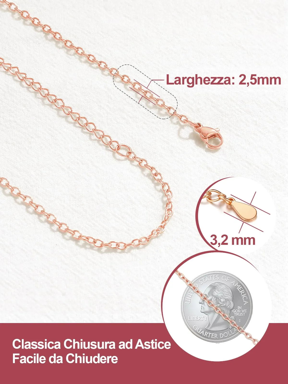 FOCALOOK Collana in Acciaio Inossidabile Oro Rosa, 2mm Larghezza, 55cm+5cm - immagine 6