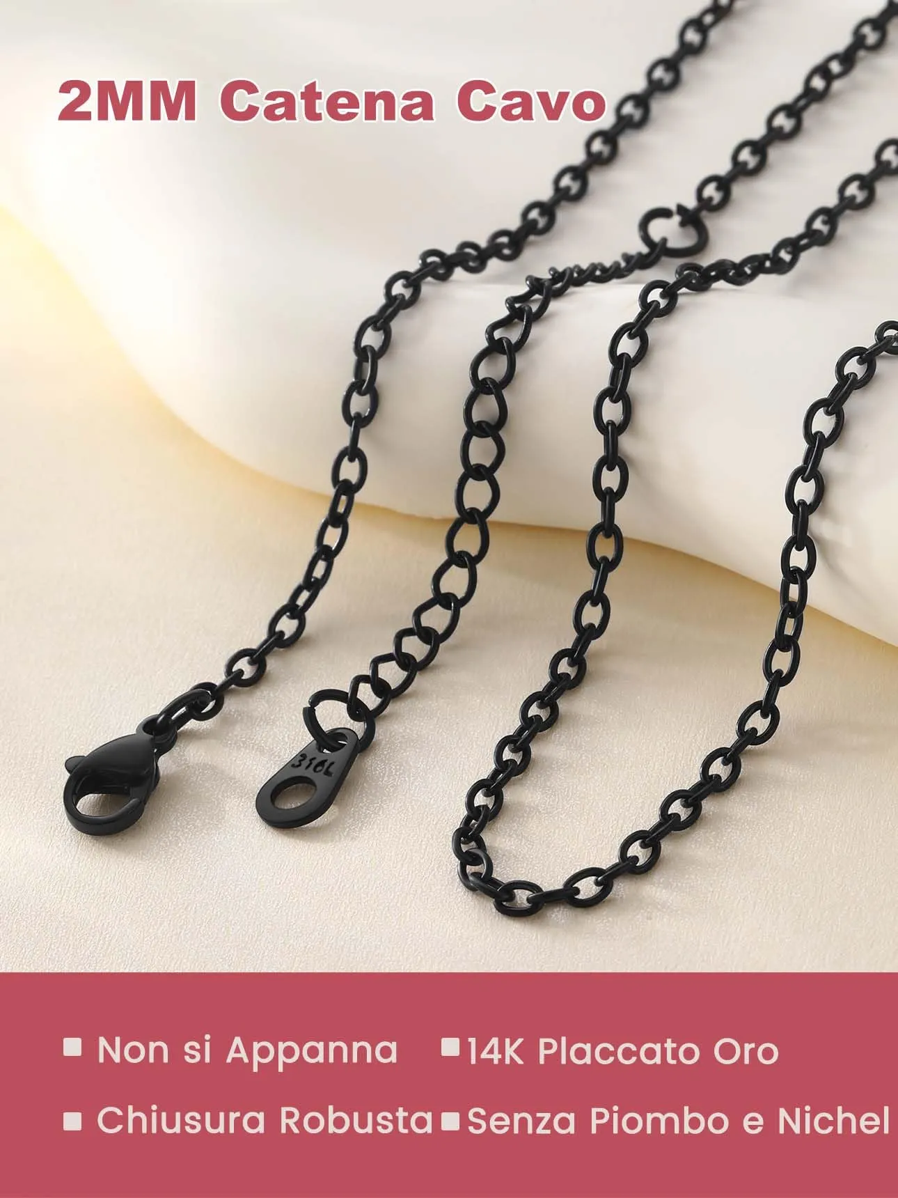 FOCALOOK Collana Catena Rolo in Acciaio Inossidabile Nera, 2 mm, 76cm+5cm - immagine 4