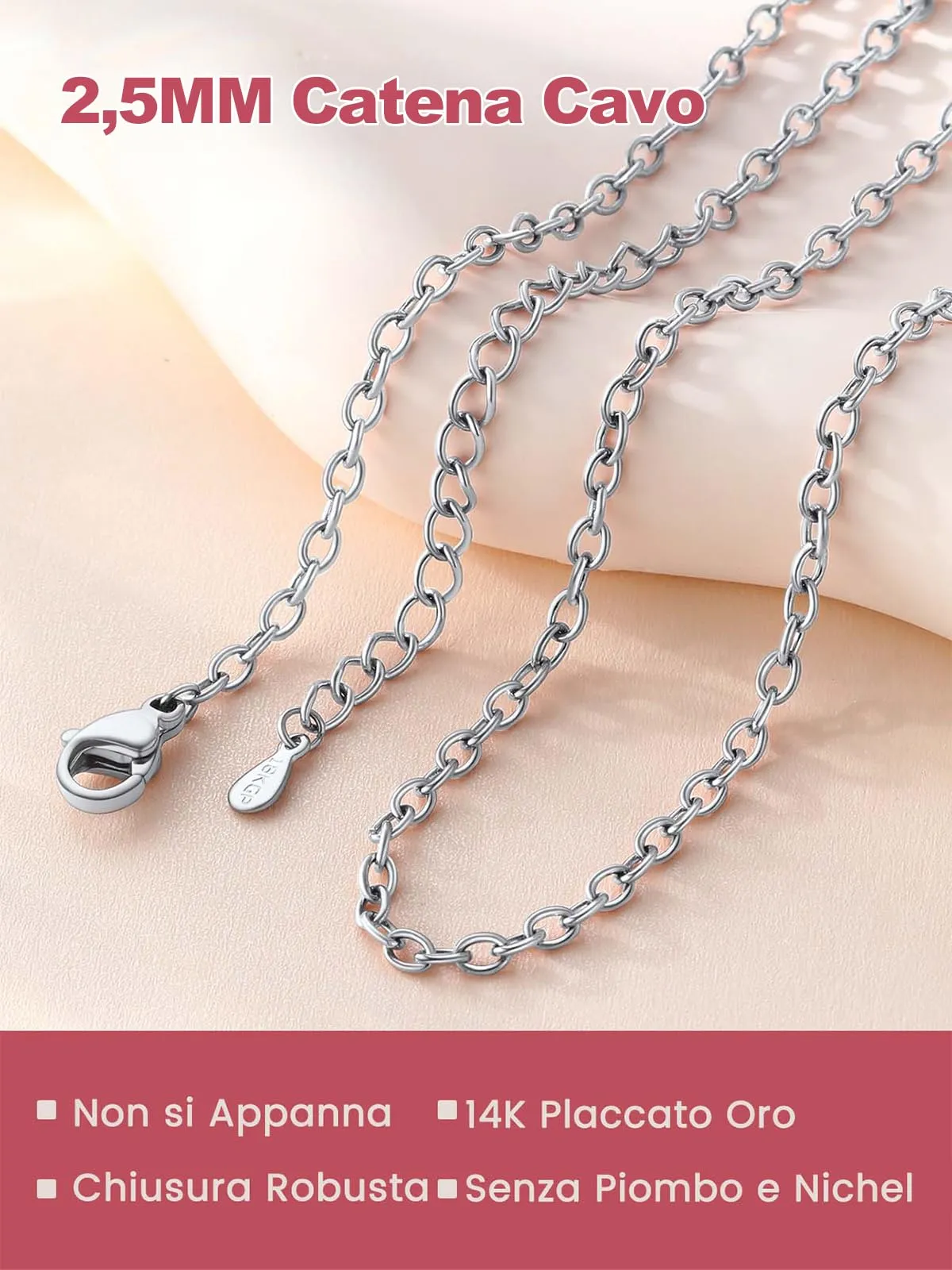 FOCALOOK Collana Uomo in Acciaio Inossidabile, Catena Rolo 2 mm, Argento, 71cm+5cm - immagine 4