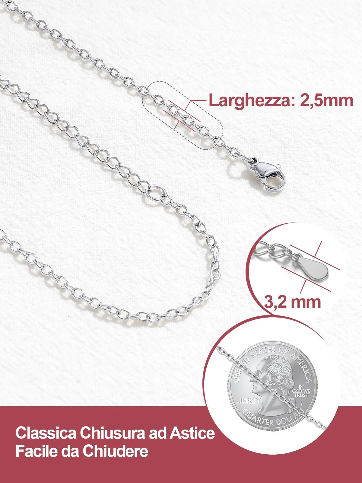 FOCALOOK Collana Uomo in Acciaio Inossidabile, Catena Rolo 2 mm, Argento, 71cm+5cm - immagine 6